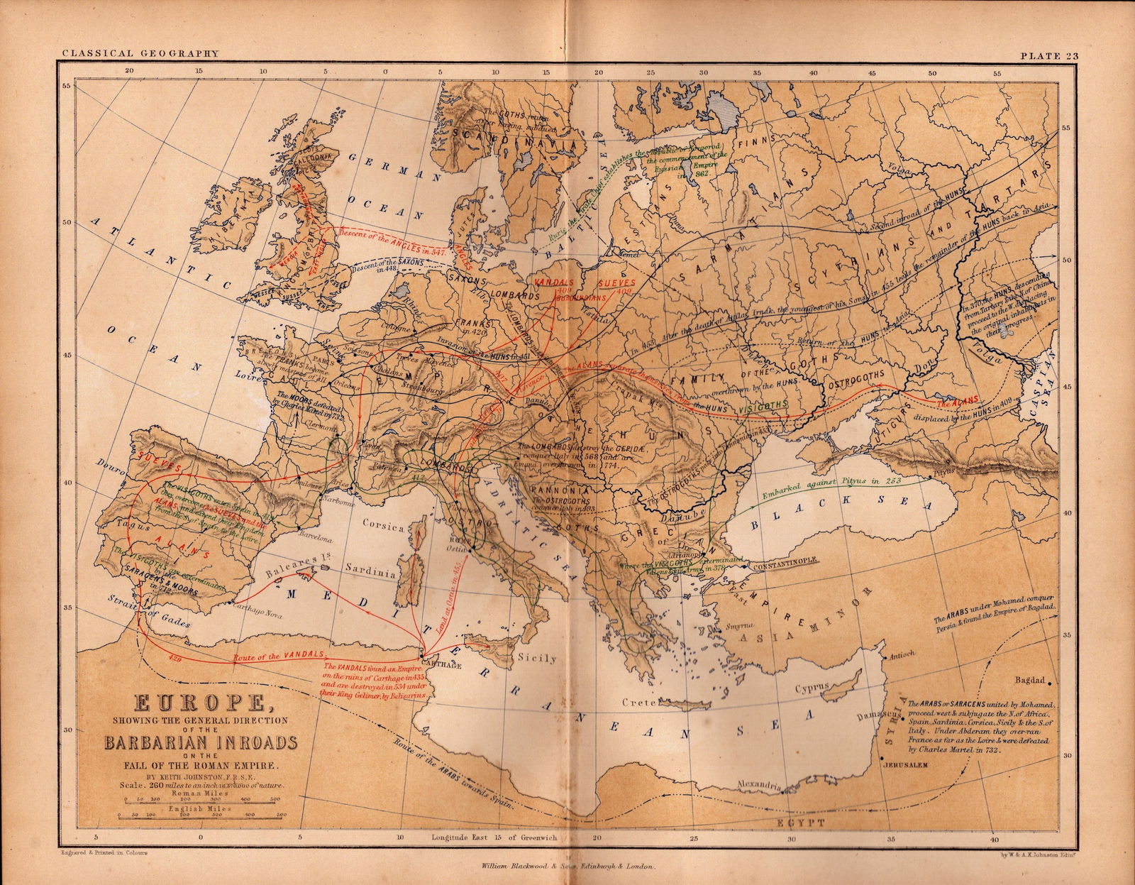 Antique 1867 Coloured Map Europe Barbarians Inroads, Fall Rome Empire. (1 of 2)