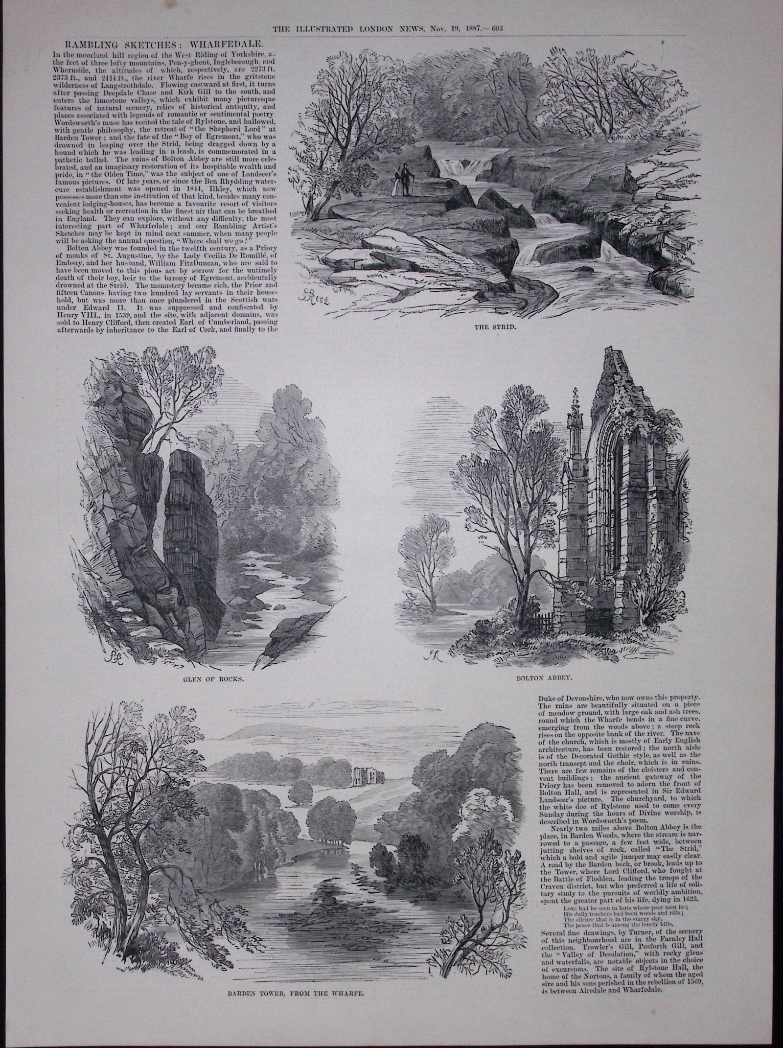 Rambling Sketches of Wharfedale North Yorkshire Antique Woodcut Engravings.: Title: Rambling Sketches of Wharfedale North Yorkshire Antique Woodcut Engravings. Description: Rambling Sketches of Wharfedale Yorkshire Antique Woodcut Engravings. The Page Measures Approx 16