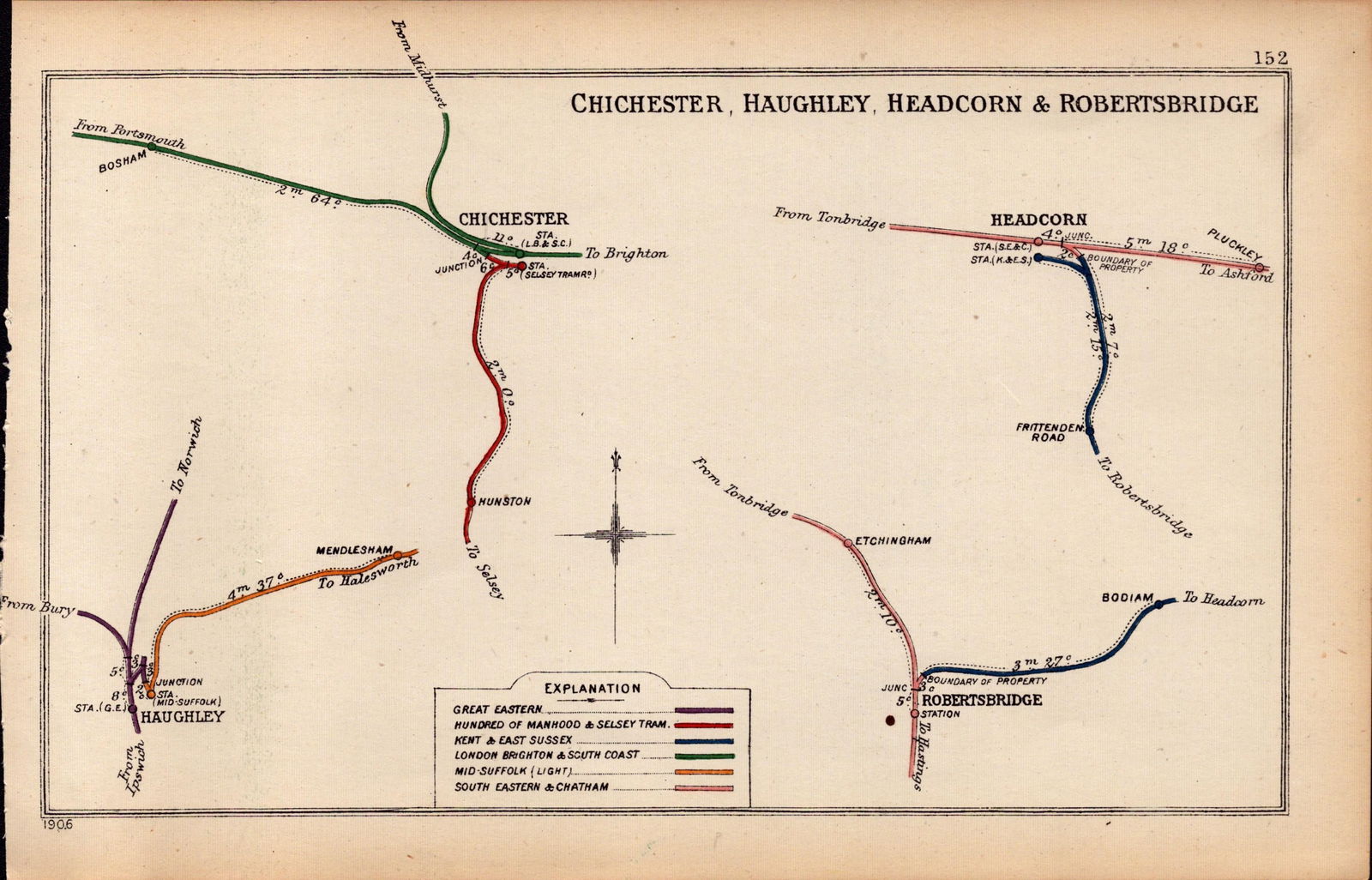 Chichester, Haughley, Robertsbridge Antique Railway Diagram-152.: Title: Chichester, Haughley, Robertsbridge Antique Railway Diagram-152. Description: This Antique Railway Junction Diagram Has Been Removed from a Copy of. 1920 Rai