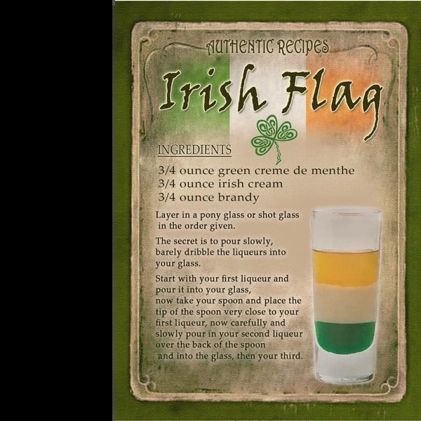 The Irish Flag Cocktail Authentic Recipe Metal Wall Art: Title: The Irish Flag Cocktail Authentic Recipe Metal Wall Art Description: ★ Approx Size 12” x 8” (Inches) 300 x 200 (mm). ★ Our Metal Art Design Comes with Rounded