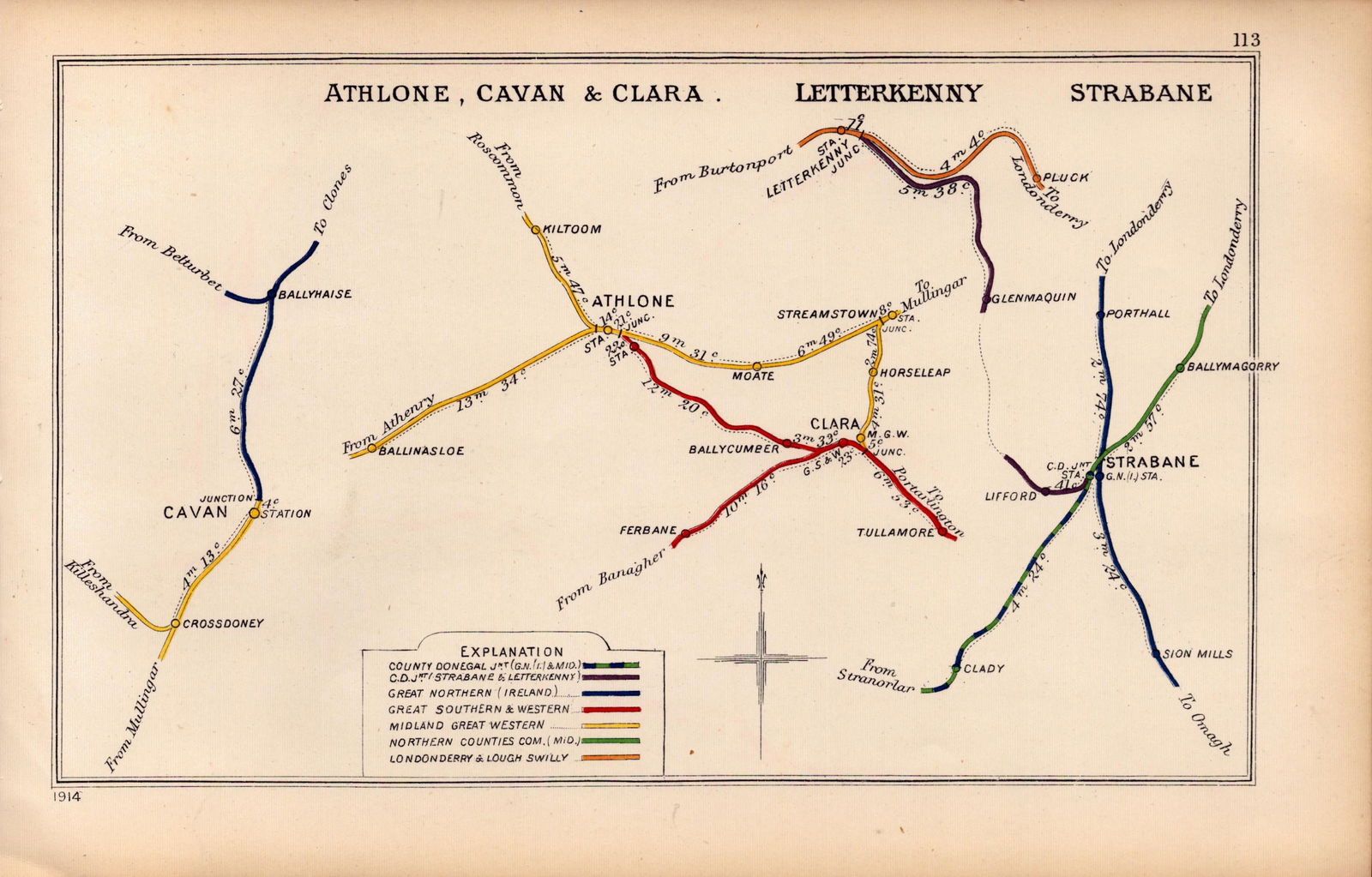 Athlone Cavan Letterkenny Strabane Ireland Antique Railway Diagram-113.: Title: Athlone Cavan Letterkenny Strabane Ireland Antique Railway Diagram-113. Description: This Antique Railway Junction Diagram Has Been Removed from a Copy of. 1920 Railway Clearing House