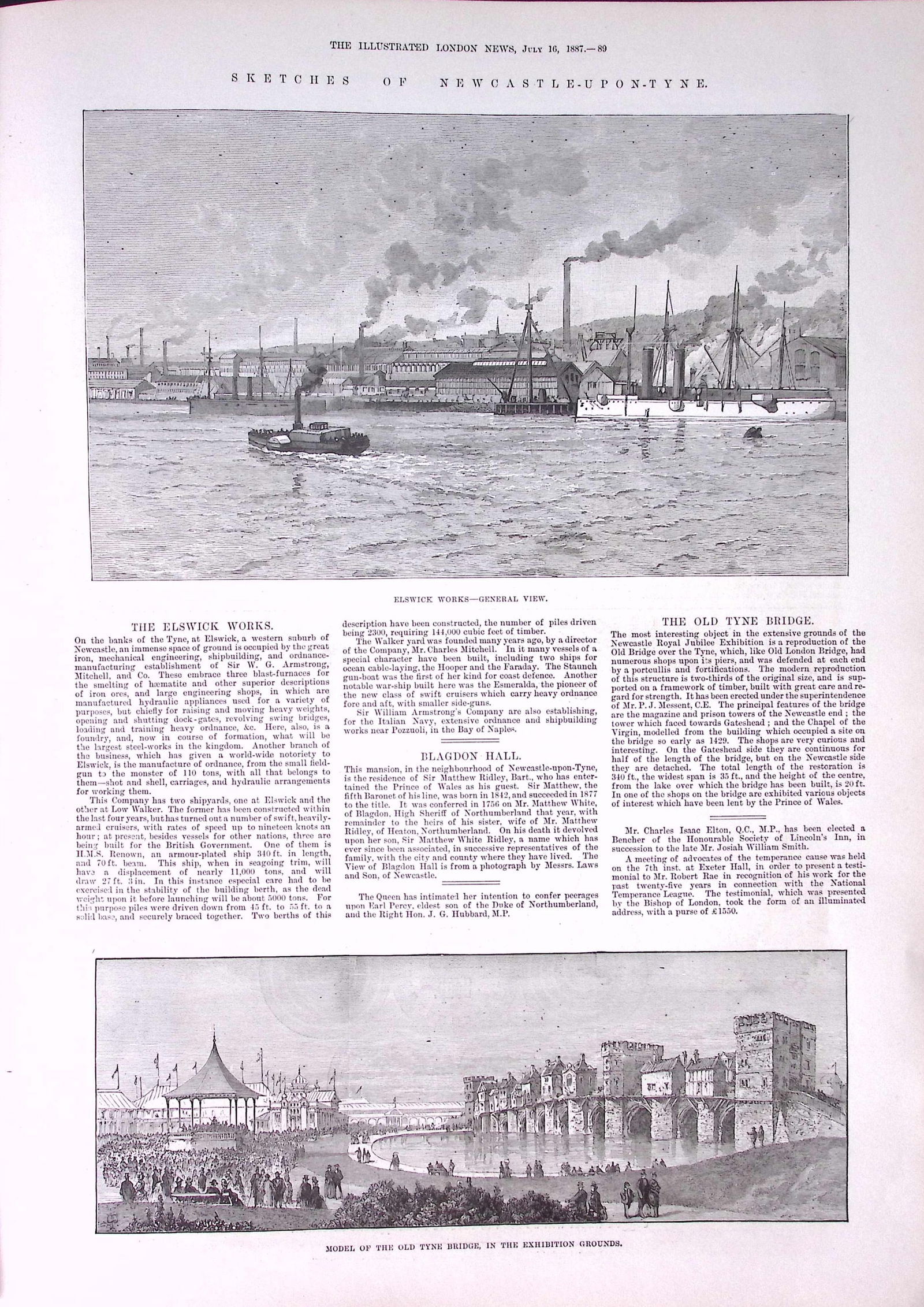 Newcastle Upon Tyne Large Engraving View of The City Antique 1887 Newspaper. - 9