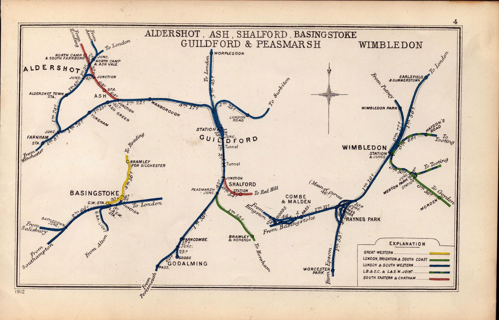 Aldershot Basingstoke Guildford Wimbledon Antique Railway Diagram-4.: Title: Aldershot Basingstoke Guildford Wimbledon Antique Railway Diagram-4. Description: This Antique Railway Junction Diagram Has Been Removed from a Copy of. 1920