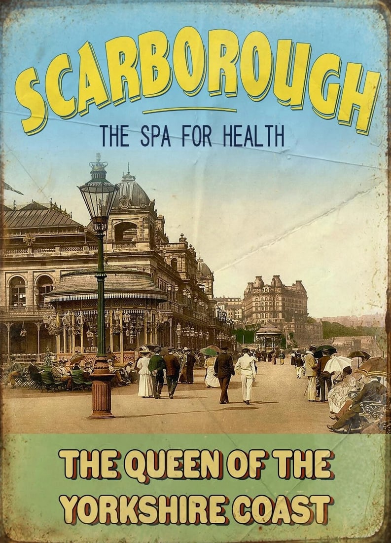 Scarborough Nostalgic Vintage Spa Scene Holiday Poster Style Metal Wall Art: Title: Scarborough Nostalgic Vintage Spa Scene Holiday Poster Style Metal Wall Art Description: ★ Approx Size 12” x 8” (Inches) 300 x 200 (mm). ★ Our Metal Art Design