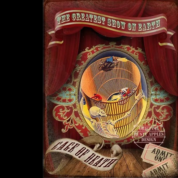 Cage Of Death "" The Greatest Show On Earth"" Vintage Style Circus Metal Art: Title: Cage Of Death " The Greatest Show On Earth" Vintage Style Circus Metal Art Description: ★ Approx Size 12” x 8” (Inches) 300 x 200 (mm). ★ Our Metal Art Design