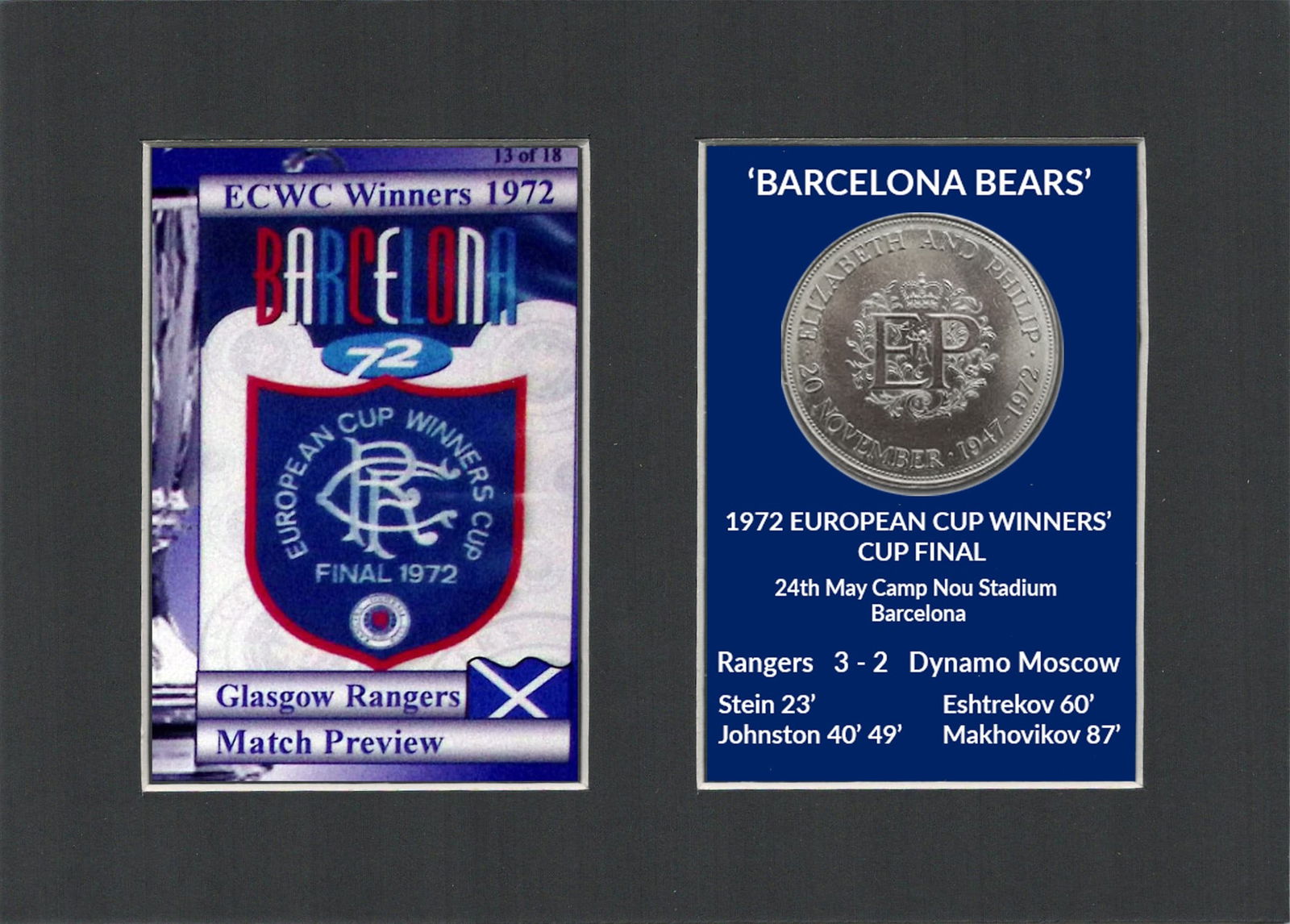Barcelona Rangers FC Wins 1972 ECWC Mounted Card & Coin Metal Art Display: Title: Barcelona Rangers FC Wins 1972 ECWC Mounted Card & Coin Metal Art Display Description: Rangers FC Wins 1972 ECWC Mounted Card & Coin Gift Set. Consists of a Genuine 1972