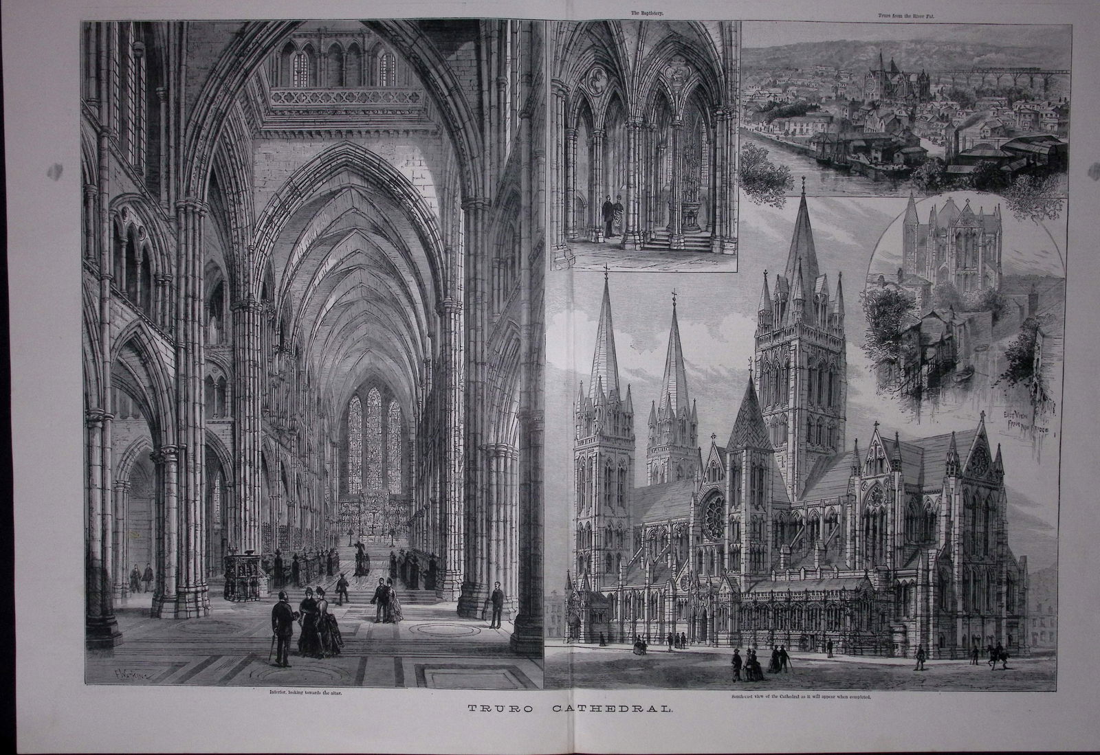 Truro Cathedral Cornwall Large Antique Victorian Woodcut Engraving. (1 of 1)