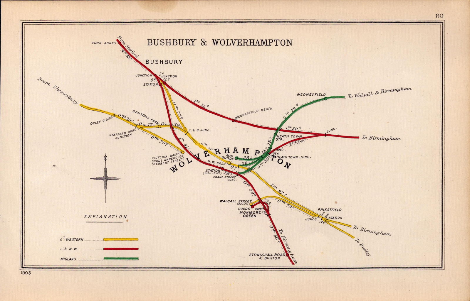 Bushbury & Wolverhampton Coloured Antique Railway Diagram-80: Title: Bushbury & Wolverhampton Coloured Antique Railway Diagram-80 Description: This Antique Railway Junction Diagram Has Been Removed from a Copy of. 1920 Railway Cleari