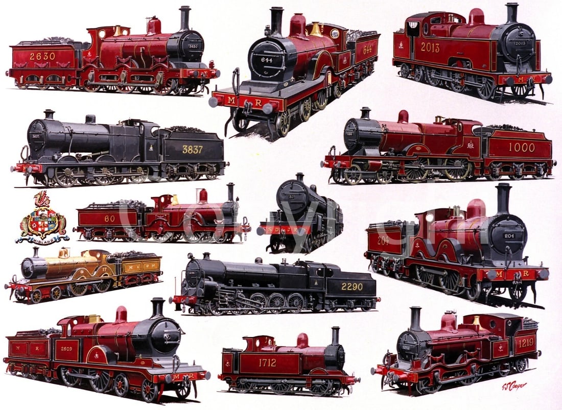 Midland Steam Train Engines 13 Steam Train Locomotives Montage Metal Wall Art (1 of 1)
