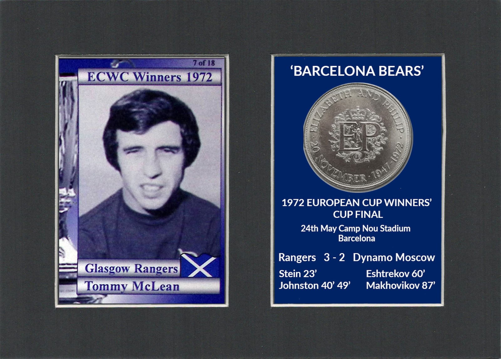 Tommy McLean Rangers FC Wins 1972 ECWC Mounted Card & Coin Metal Art Display: Title: Tommy McLean Rangers FC Wins 1972 ECWC Mounted Card & Coin Metal Art Display Description: Rangers FC Wins 1972 ECWC Mounted Card & Coin Gift Set. Consists of a Genuine 1972