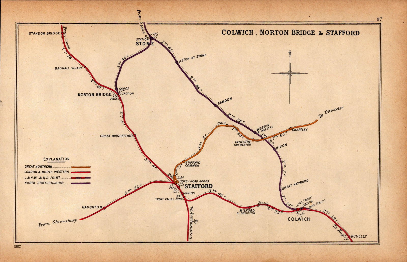 Stafford, Stone, Colwich, Rugeley Antique Railway Diagram-97.: Title: Stafford, Stone, Colwich, Rugeley Antique Railway Diagram-97. Description: This Antique Railway Junction Diagram Has Been Removed from a Copy of. 1920 Railwa