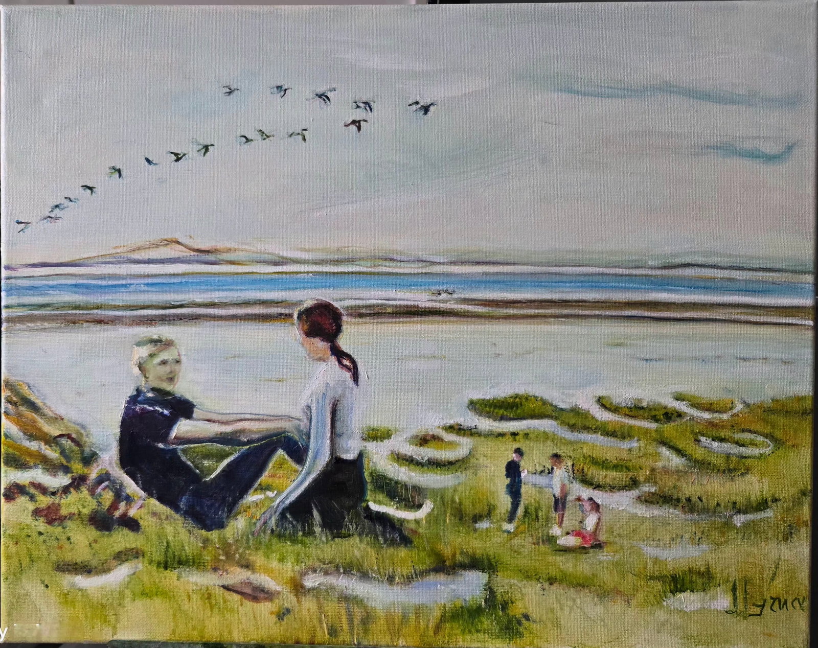 Bay Young' Uns: Title: Bay Young' Uns Description: Oil on canvas, original painting by the professional artist Myrna Higgins. 50 cm W x 40 cm H A group of youngsters unwind on the marches of