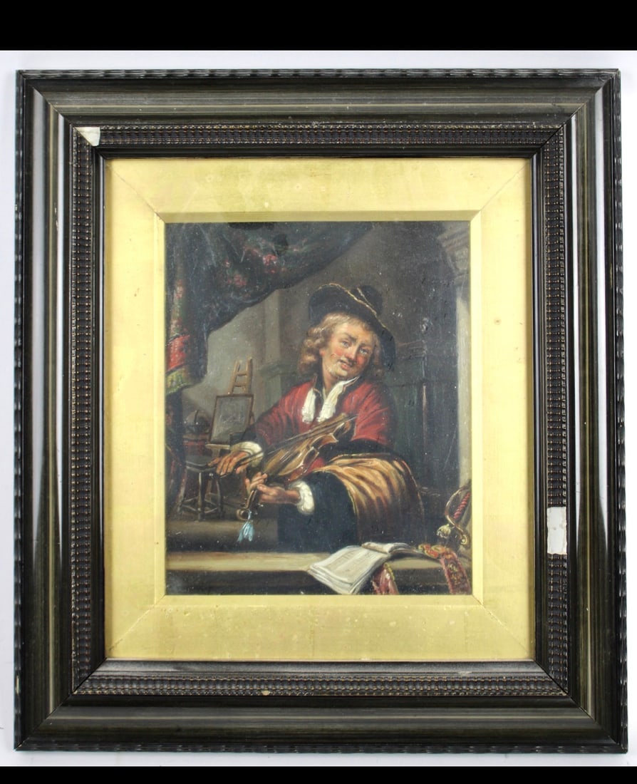 17th Century Style Painting, Oil On Board “The Violin Player“ By Dominica’s Van To: Title: 17th Century Style Painting, Oil On Board “The Violin Player“ By Dominica’s Van Tol Description: Oil on board “The Violin Player “ The original painting,