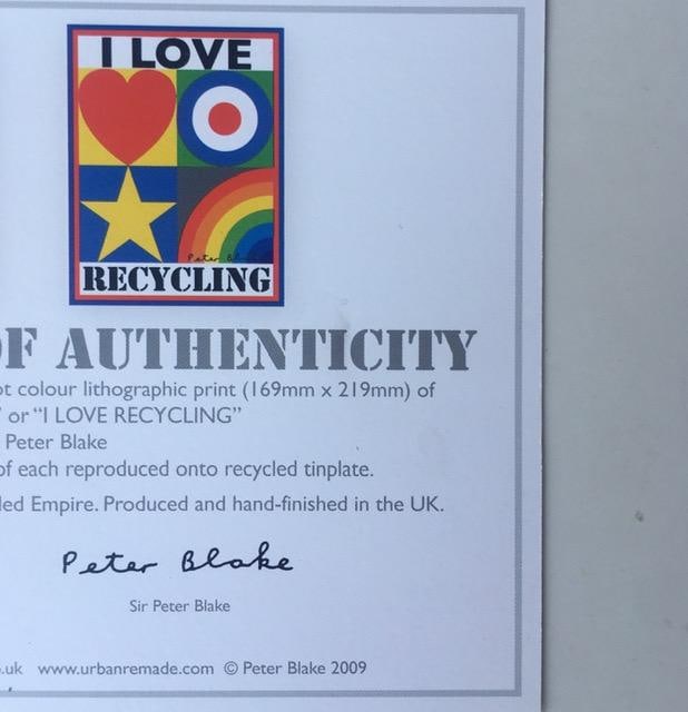 Peter Blake (b1932) I Love Recycling, Signed, Tin Plate, Signed, Certificate of Authenticity, 200... - 2