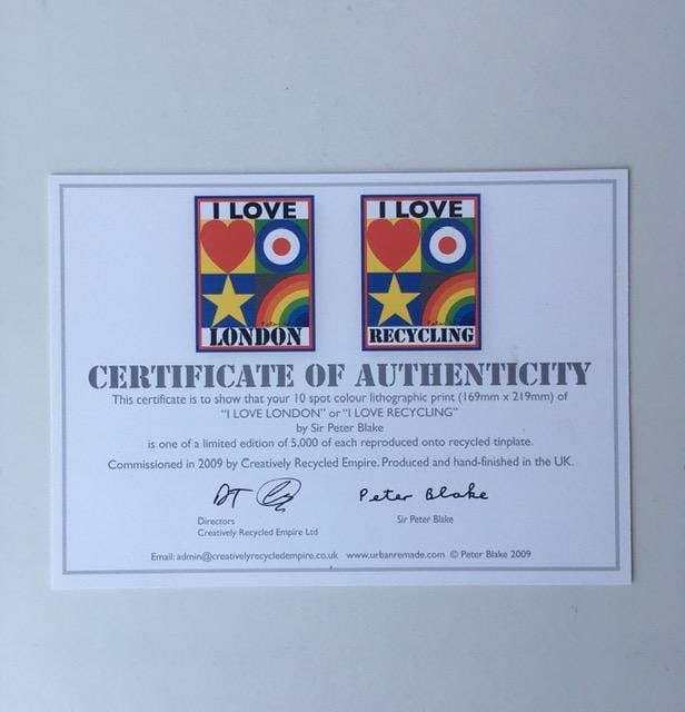 Peter Blake (b1932) I Love Recycling, Signed, Tin Plate, Signed, Certificate of Authenticity, 200... - 3