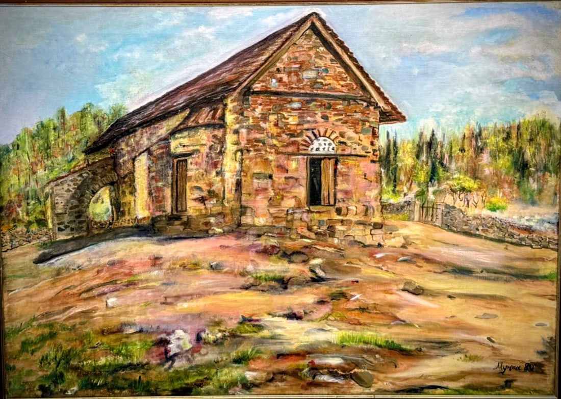 The Panagia Asinou Church-Cyprus: Title: The Panagia Asinou Church-Cyprus Description: Oil on canvas, one of a kind original painting of a 12th century church in Troodos mountains of Cyprus. Painted by Myrna Higgins, 