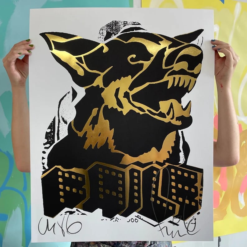 Faile (b 1975 & 76) Alsatian ‘Black/Gold’ Embossed Screen Print On Paper Signed, Limited - 3