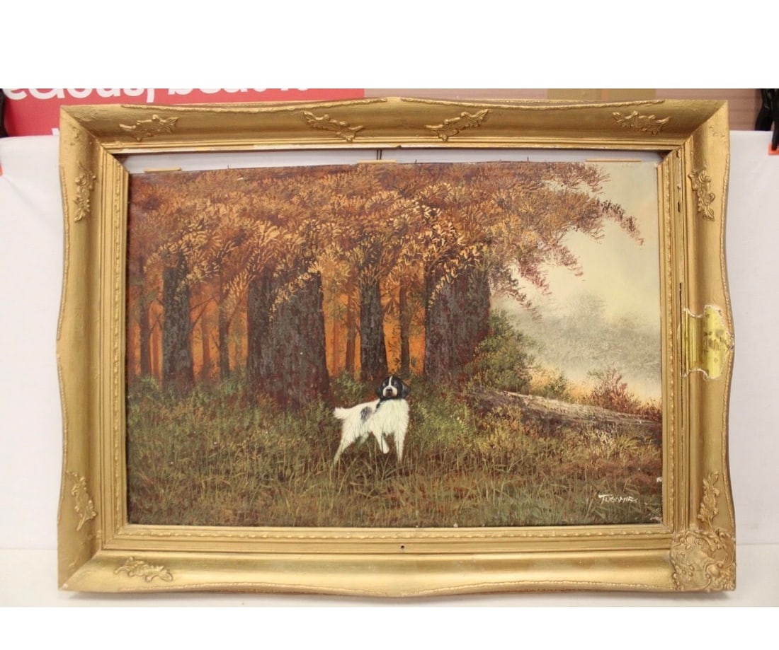 Theomire Dog Signed Oil Painting: Title: Theomire Dog Signed Oil Painting Description: Theomire Dog Amongst Trees Signed Original Vintage Large Oil painting Medium: Oil on Canvas Frame dimensions: 33 x 43” inches