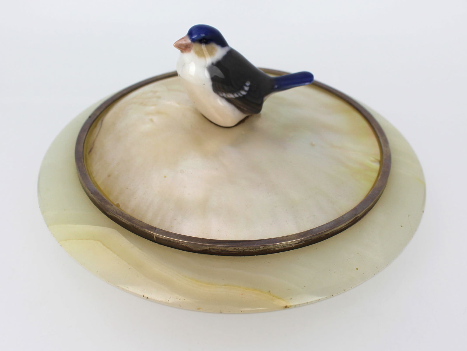 1922 Silver Mounted Alabaster Bowl with Mother of Pearl Lid & Bird Finial: Title: 1922 Silver Mounted Alabaster Bowl with Mother of Pearl Lid & Bird Finial Description: Decorative Alabaster Bowl with Mother of Pearl Lid & Porcelain Bird Finial – Silver