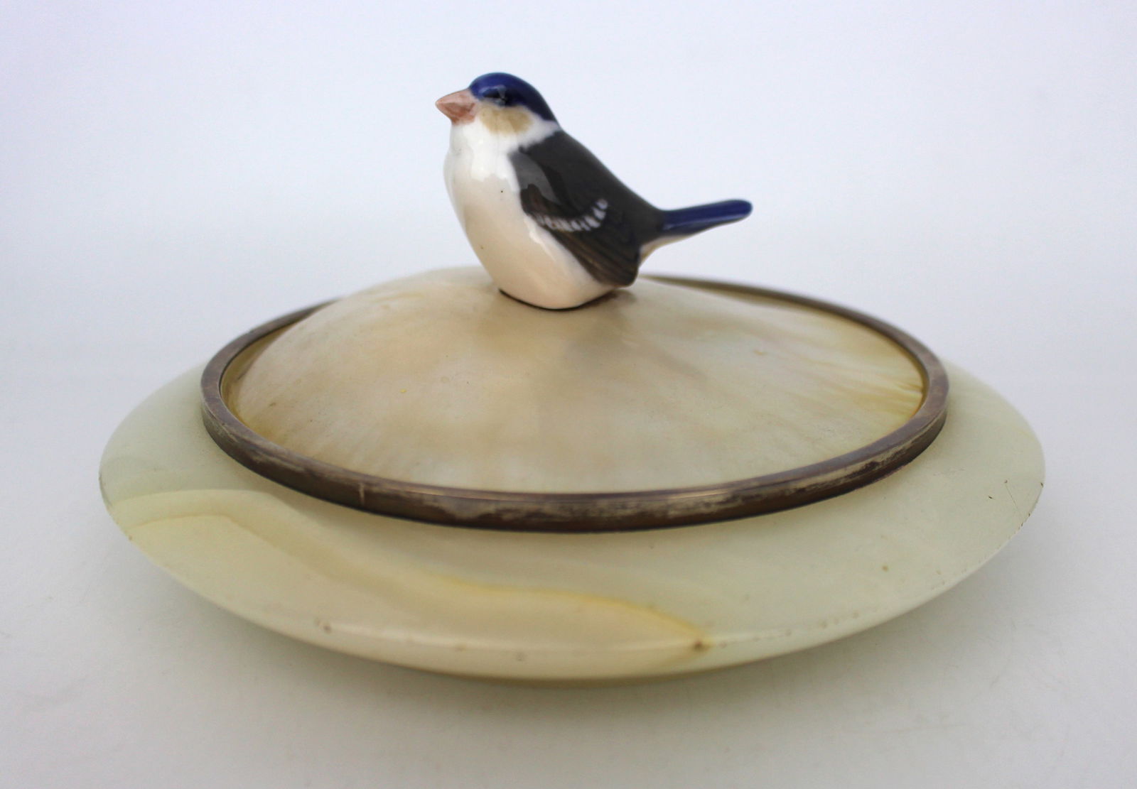 1922 Silver Mounted Alabaster Bowl with Mother of Pearl Lid & Bird Finial - 2
