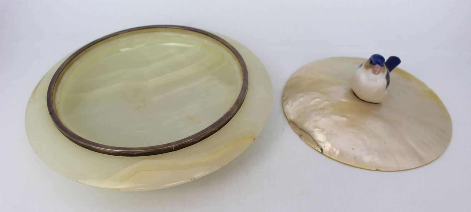 1922 Silver Mounted Alabaster Bowl with Mother of Pearl Lid & Bird Finial - 3