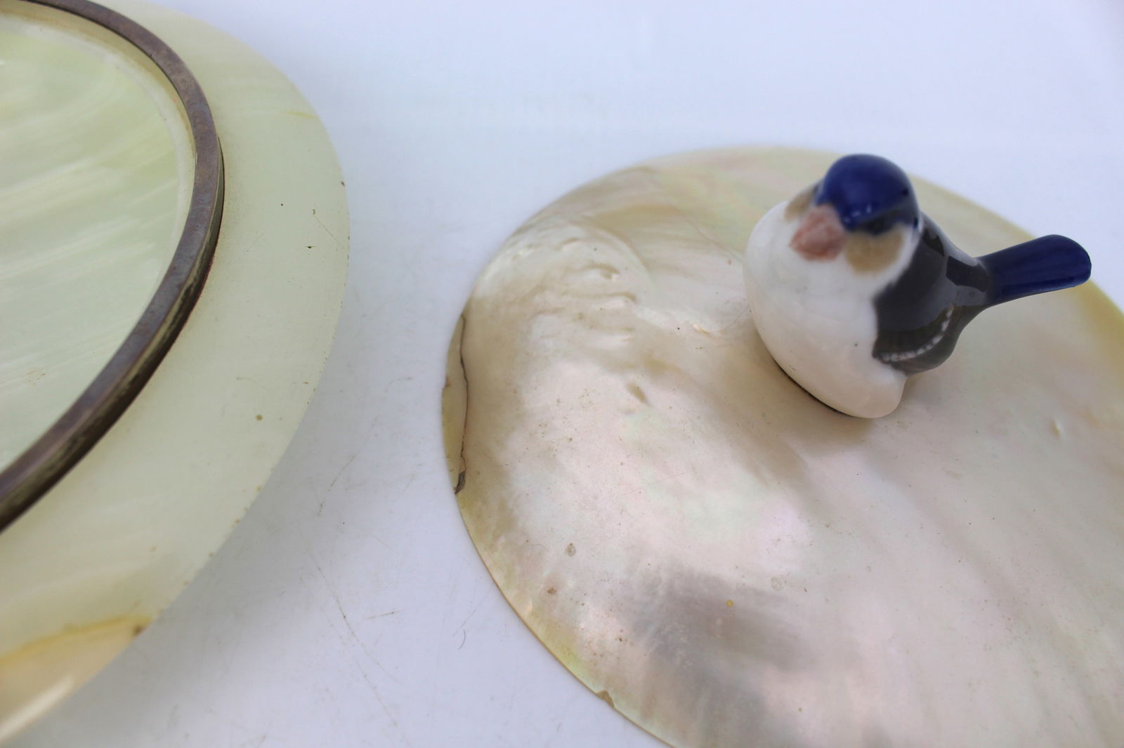 1922 Silver Mounted Alabaster Bowl with Mother of Pearl Lid & Bird Finial - 6