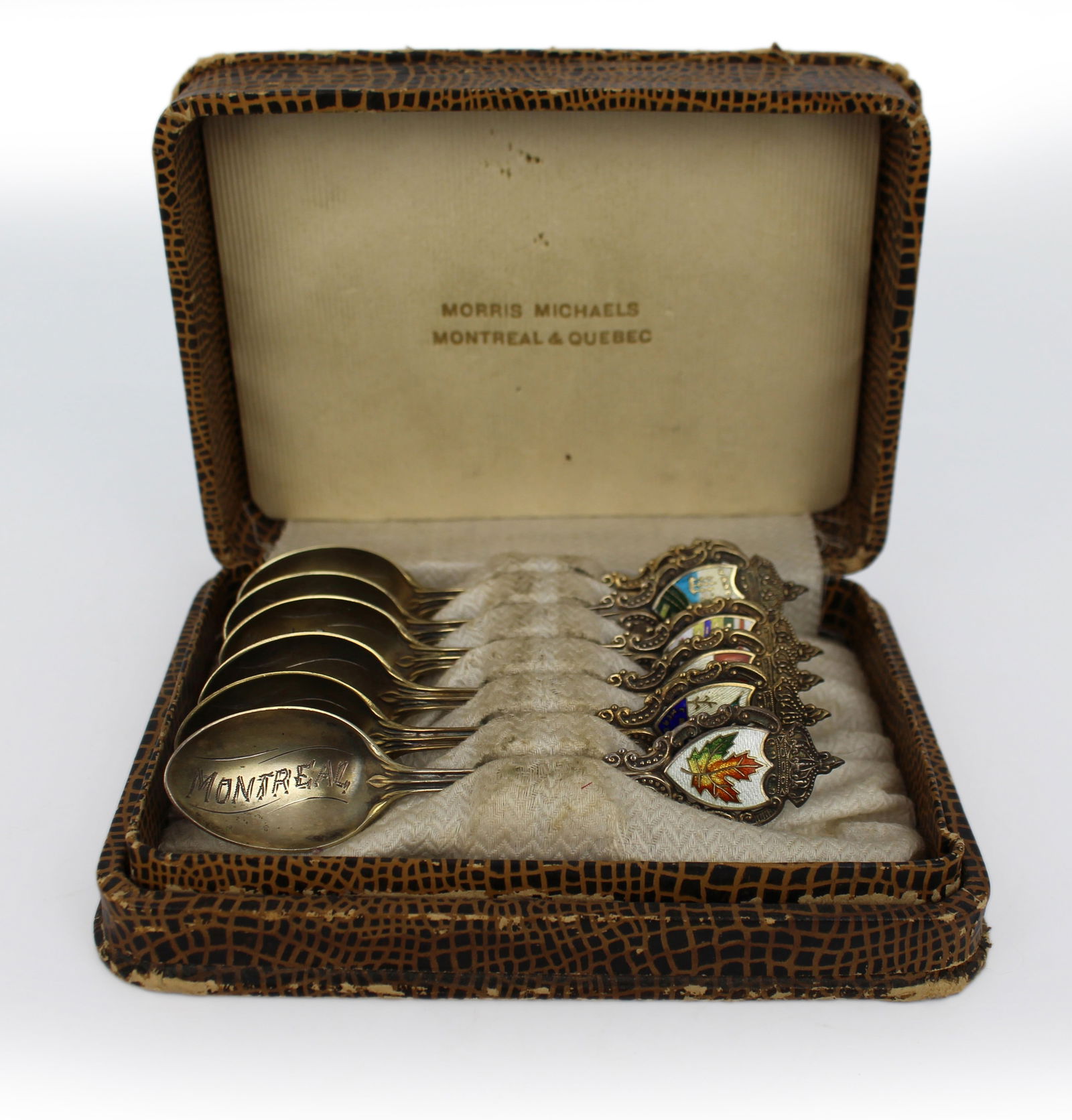 Cased Set of 6 Canadian Sterling Silver & Enamel Souvenir Spoons – Morris Michaels, c.1930s: Title: Cased Set of 6 Canadian Sterling Silver & Enamel Souvenir Spoons – Morris Michaels, c.1930s Description: Cased Set of 6 Canadian Sterling Silver & Enamel Souvenir Spoons