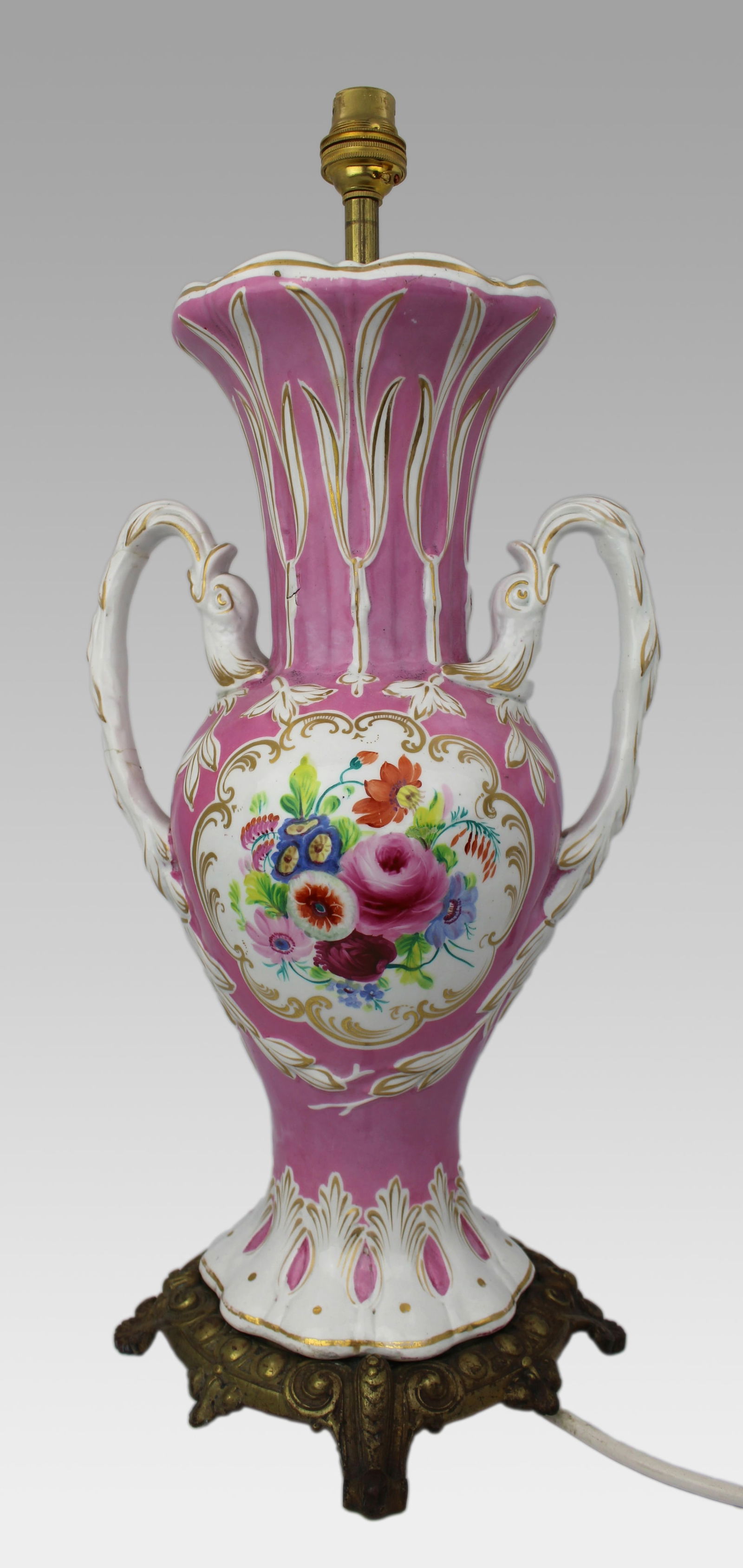 Antique Hand Painted Pink Ground Porcelain Table Lamp, c.1890 - 10