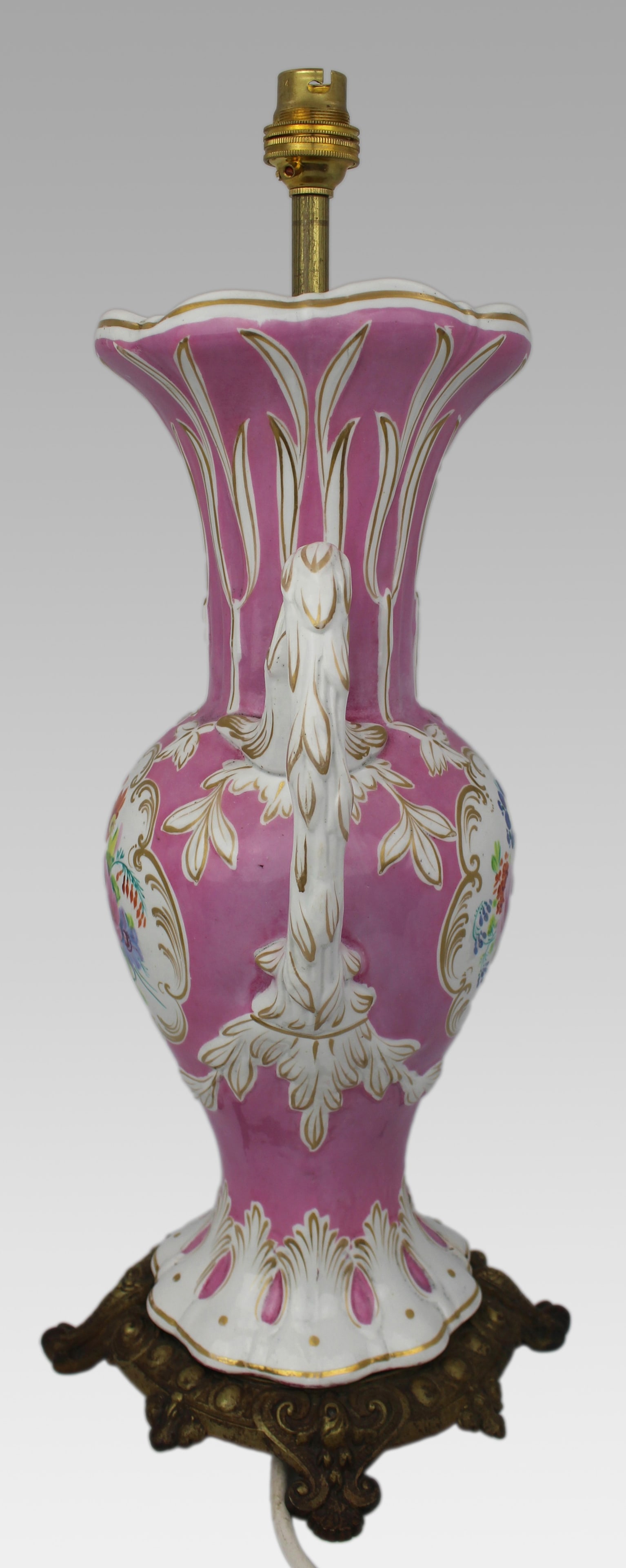 Antique Hand Painted Pink Ground Porcelain Table Lamp, c.1890 - 12