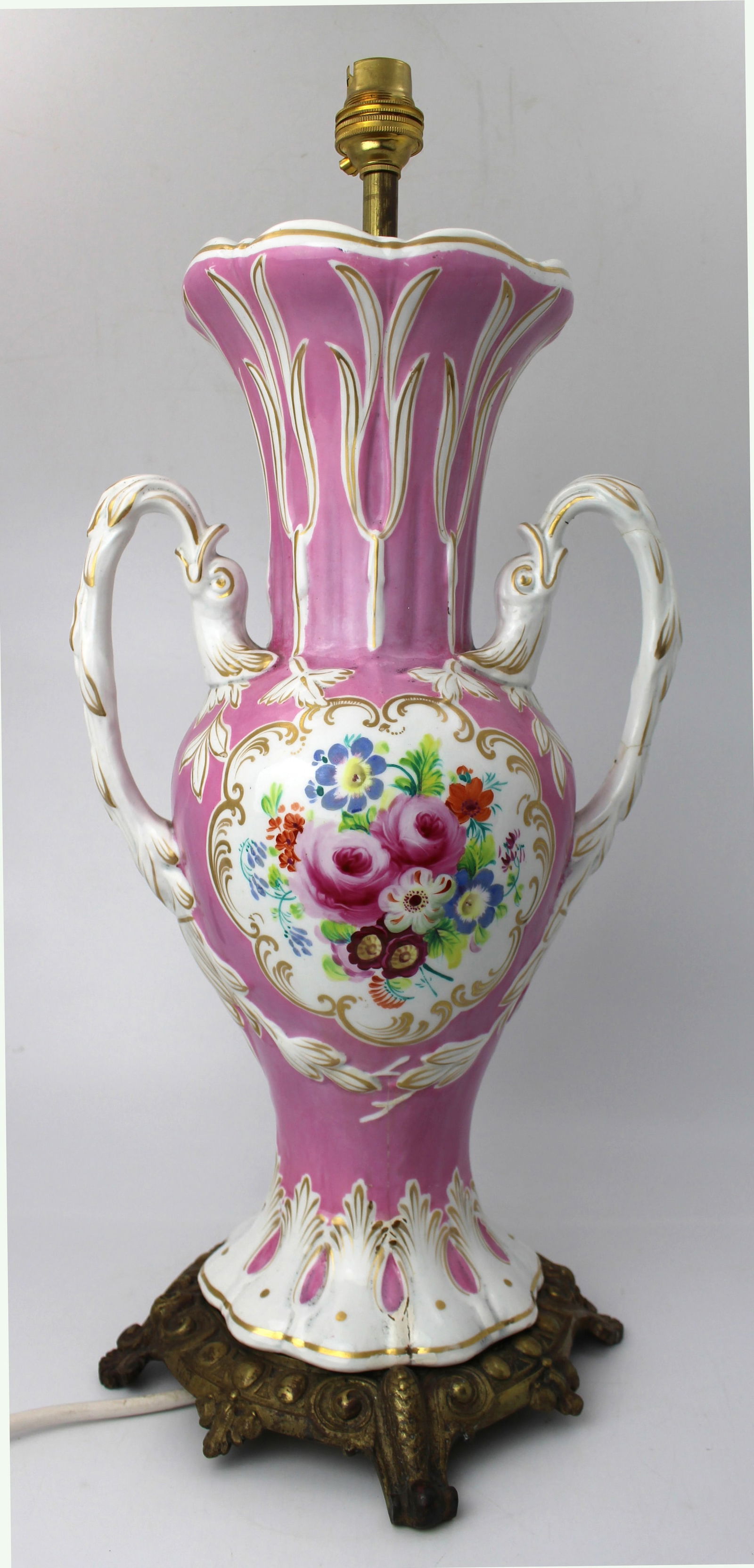 Antique Hand Painted Pink Ground Porcelain Table Lamp, c.1890 - 13
