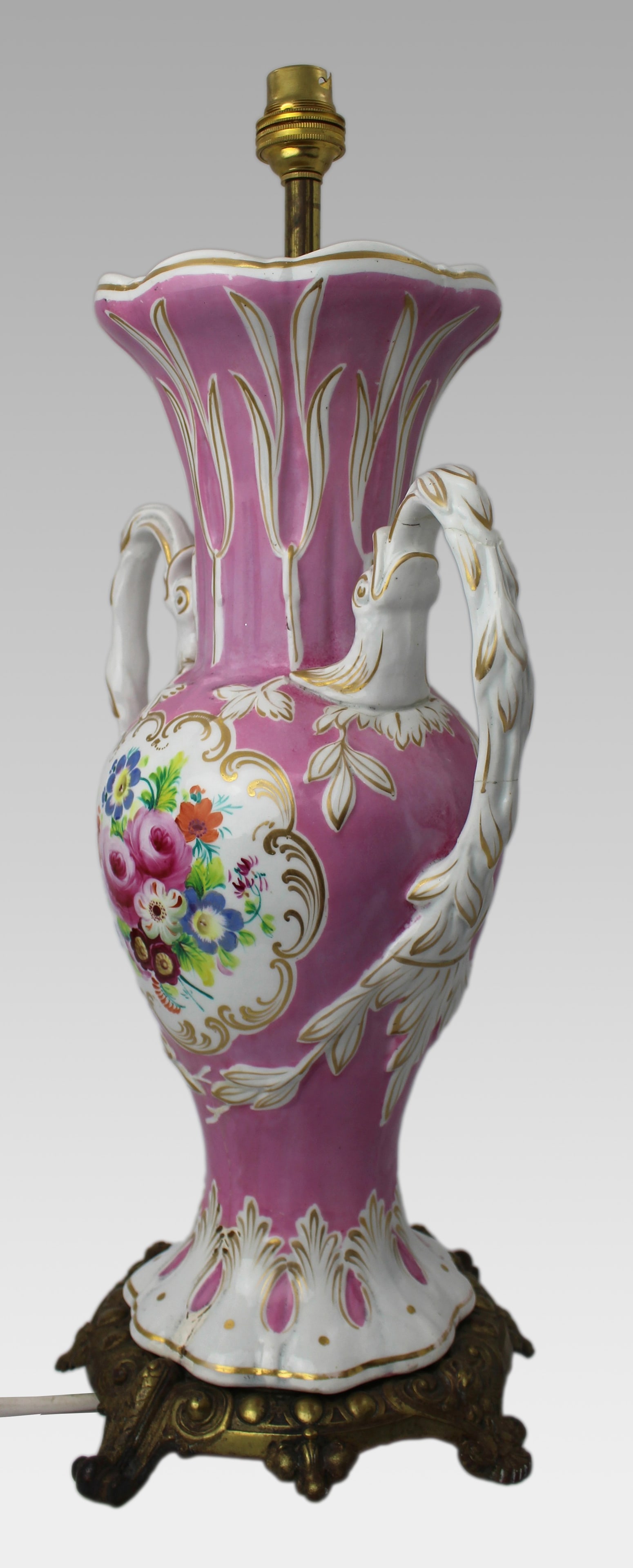 Antique Hand Painted Pink Ground Porcelain Table Lamp, c.1890 - 14