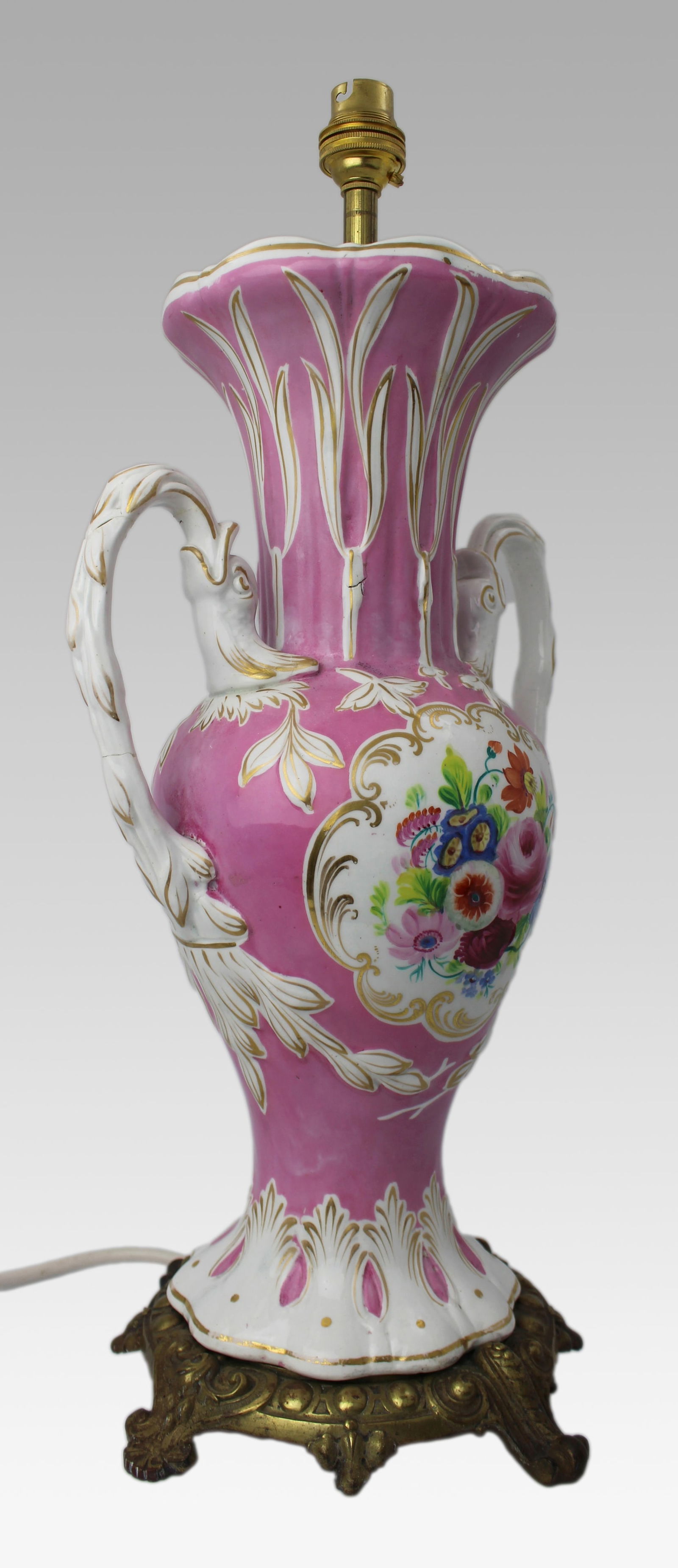 Antique Hand Painted Pink Ground Porcelain Table Lamp, c.1890 - 16