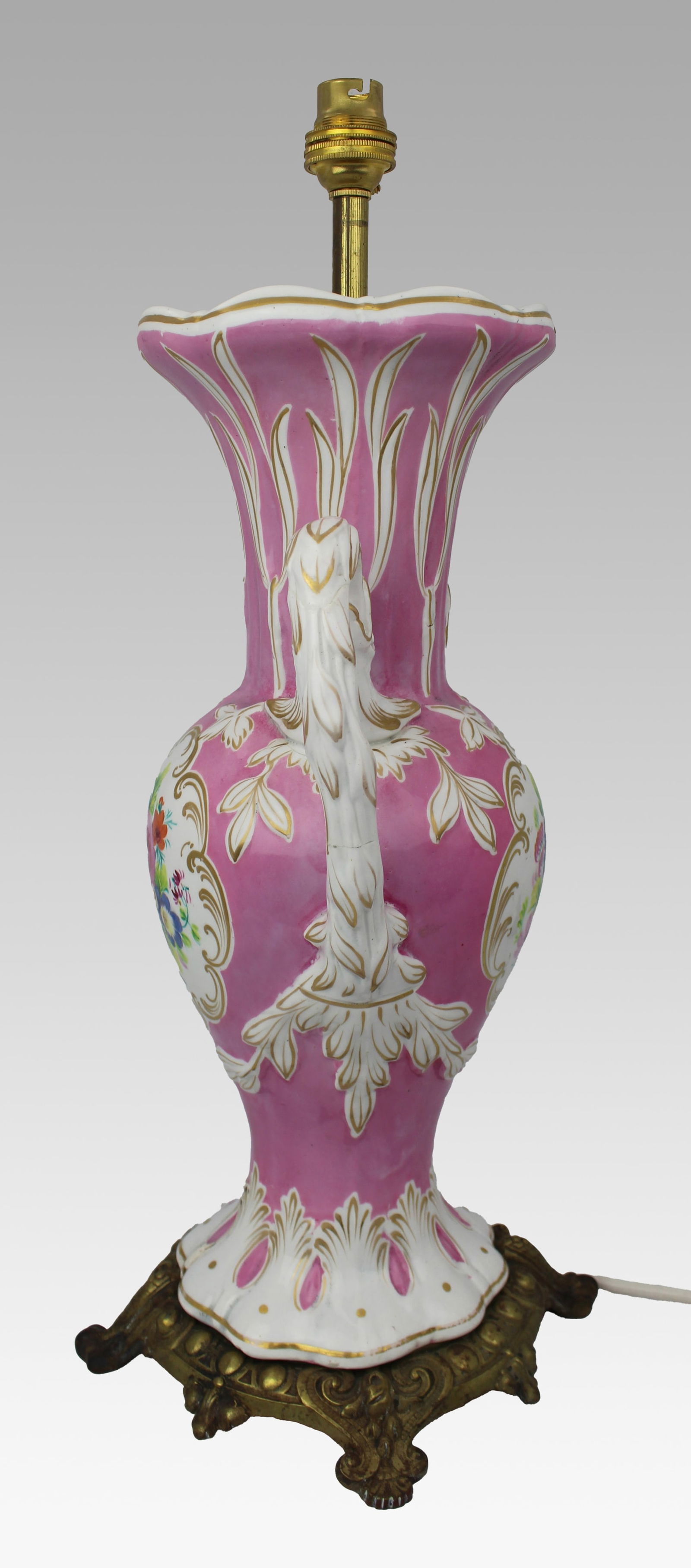 Antique Hand Painted Pink Ground Porcelain Table Lamp, c.1890 - 17