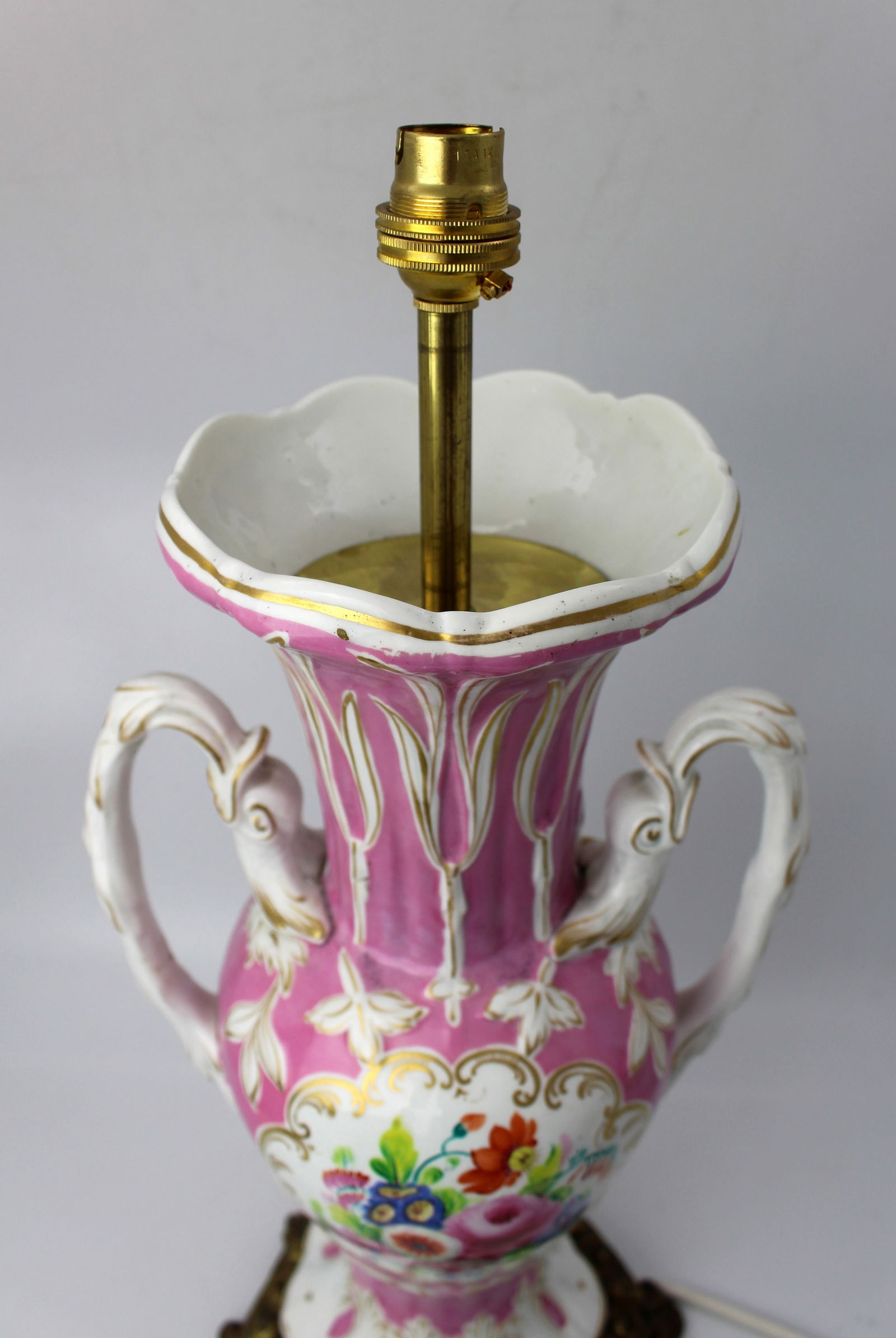 Antique Hand Painted Pink Ground Porcelain Table Lamp, c.1890 - 18
