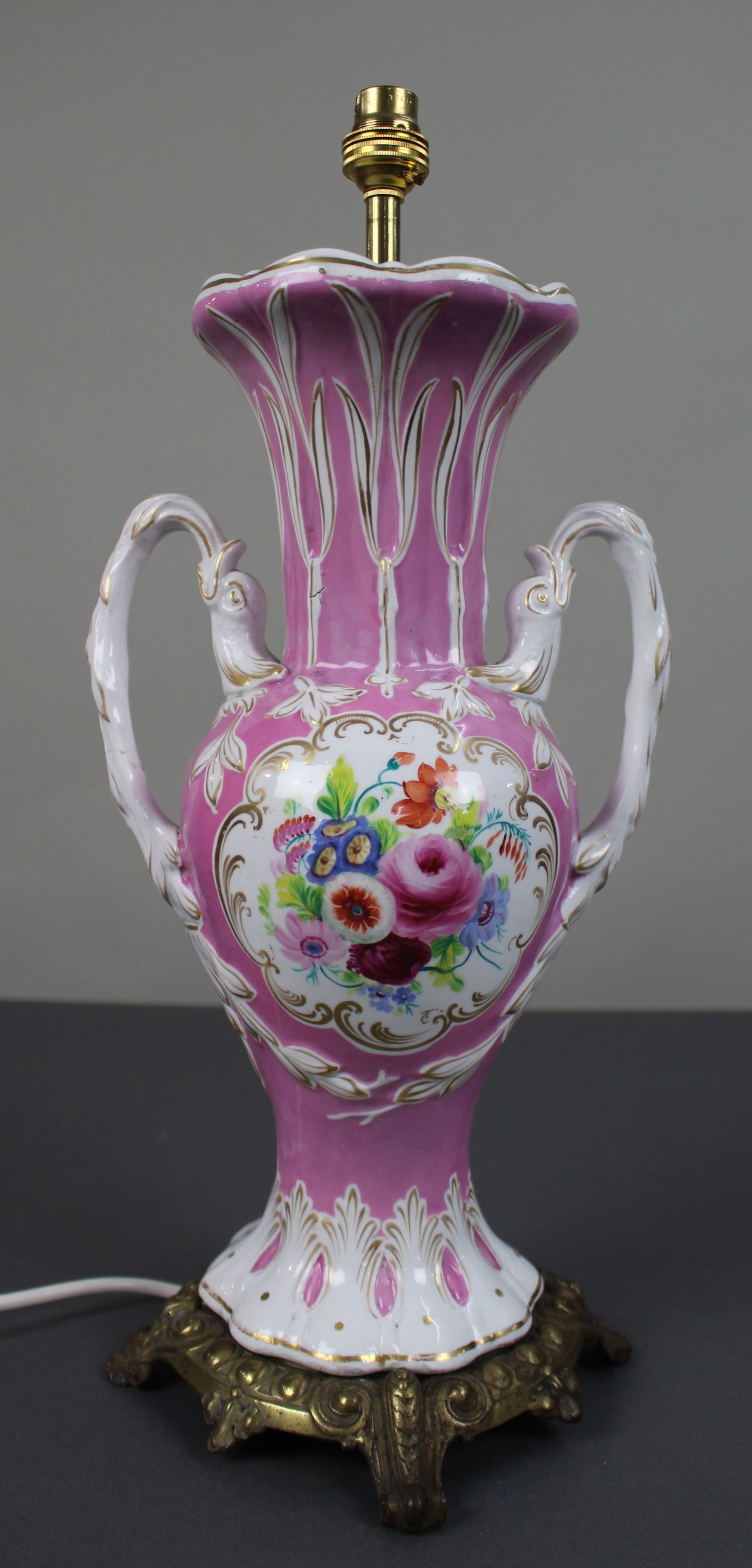 Antique Hand Painted Pink Ground Porcelain Table Lamp, c.1890: Title: Antique Hand Painted Pink Ground Porcelain Table Lamp, c.1890 Description: Antique Hand Painted Pink Ground Porcelain Table Lamp, c.1890 A decorative late 19th century hand painted