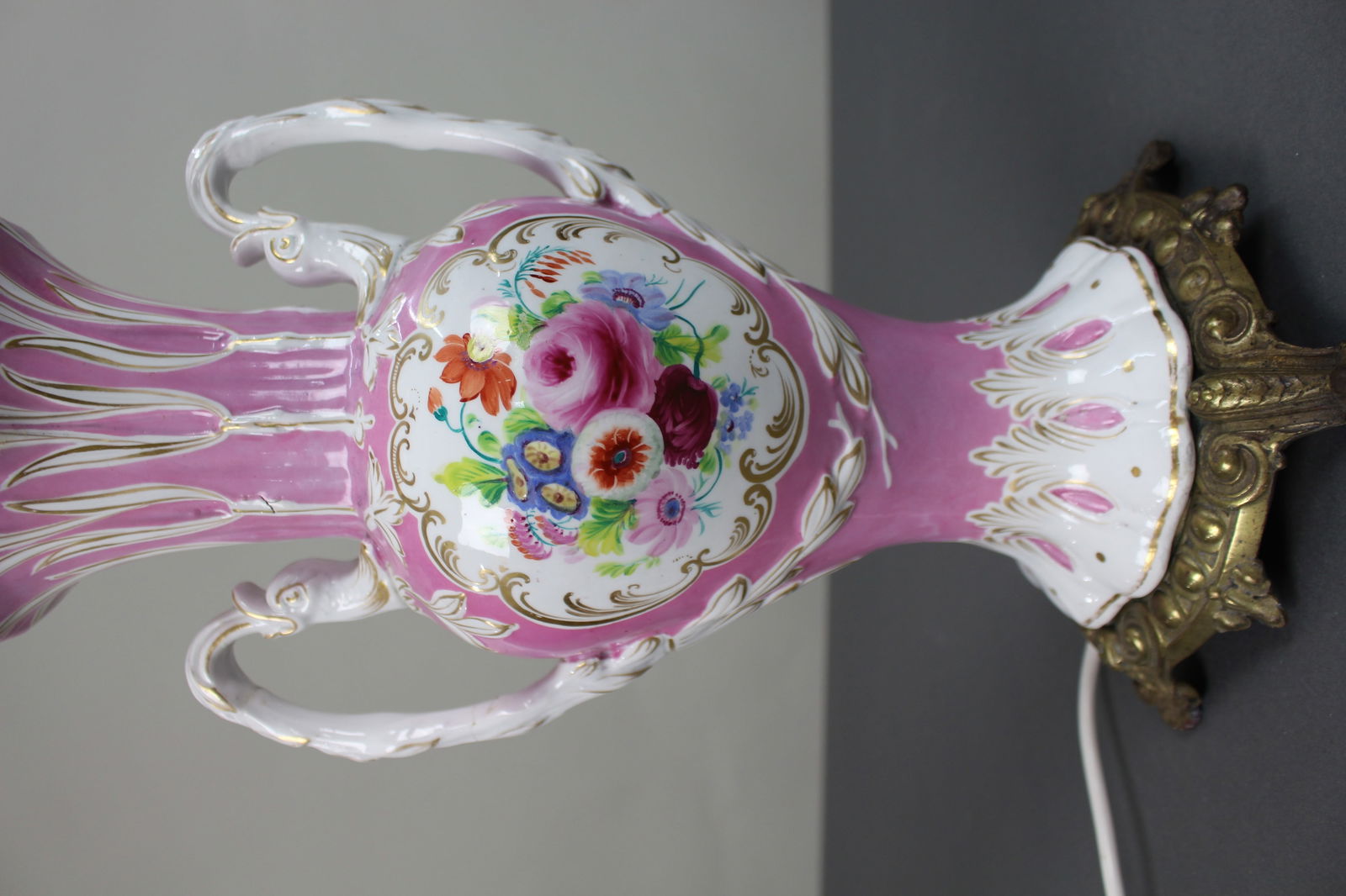 Antique Hand Painted Pink Ground Porcelain Table Lamp, c.1890 - 2