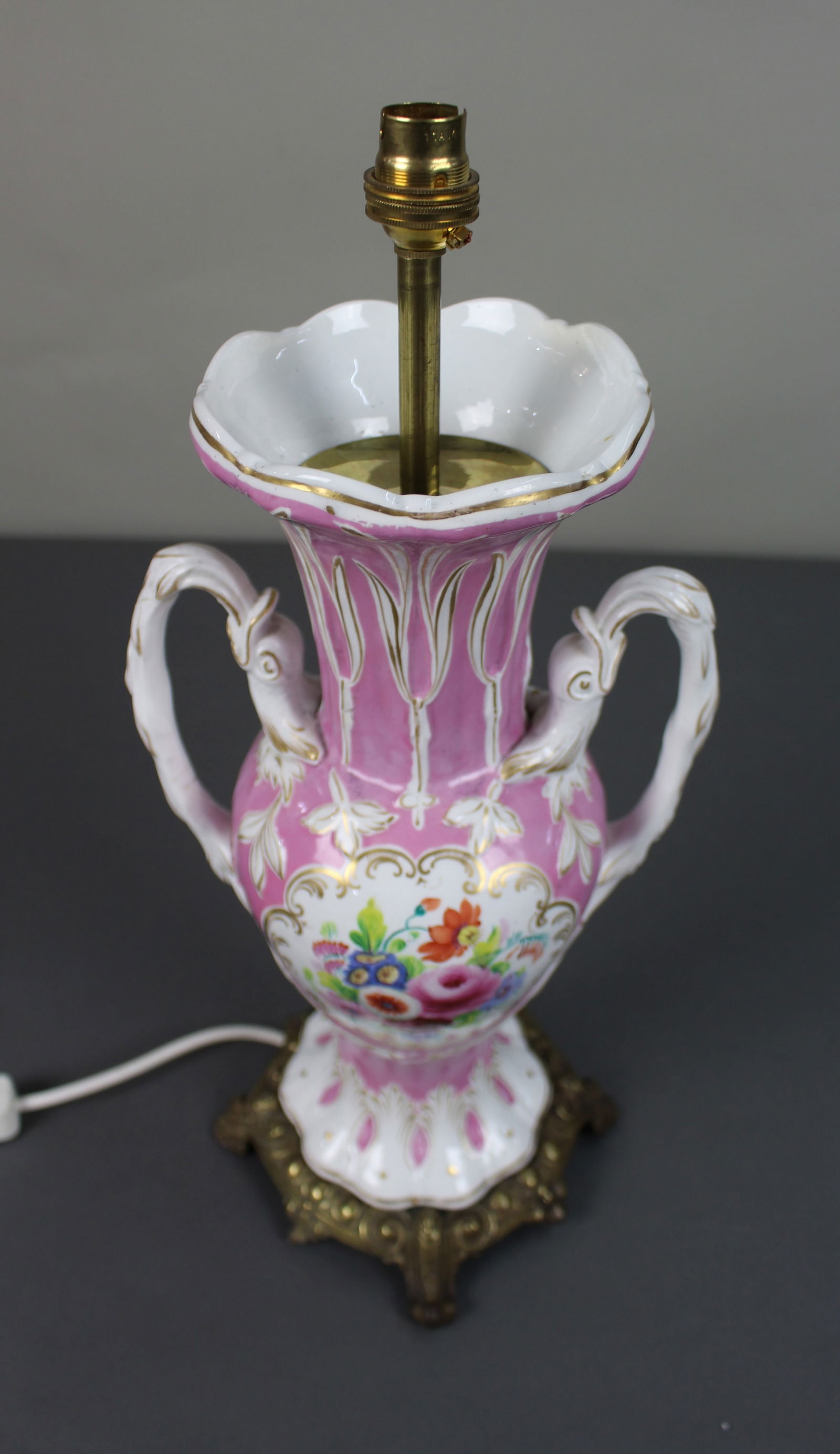 Antique Hand Painted Pink Ground Porcelain Table Lamp, c.1890 - 4