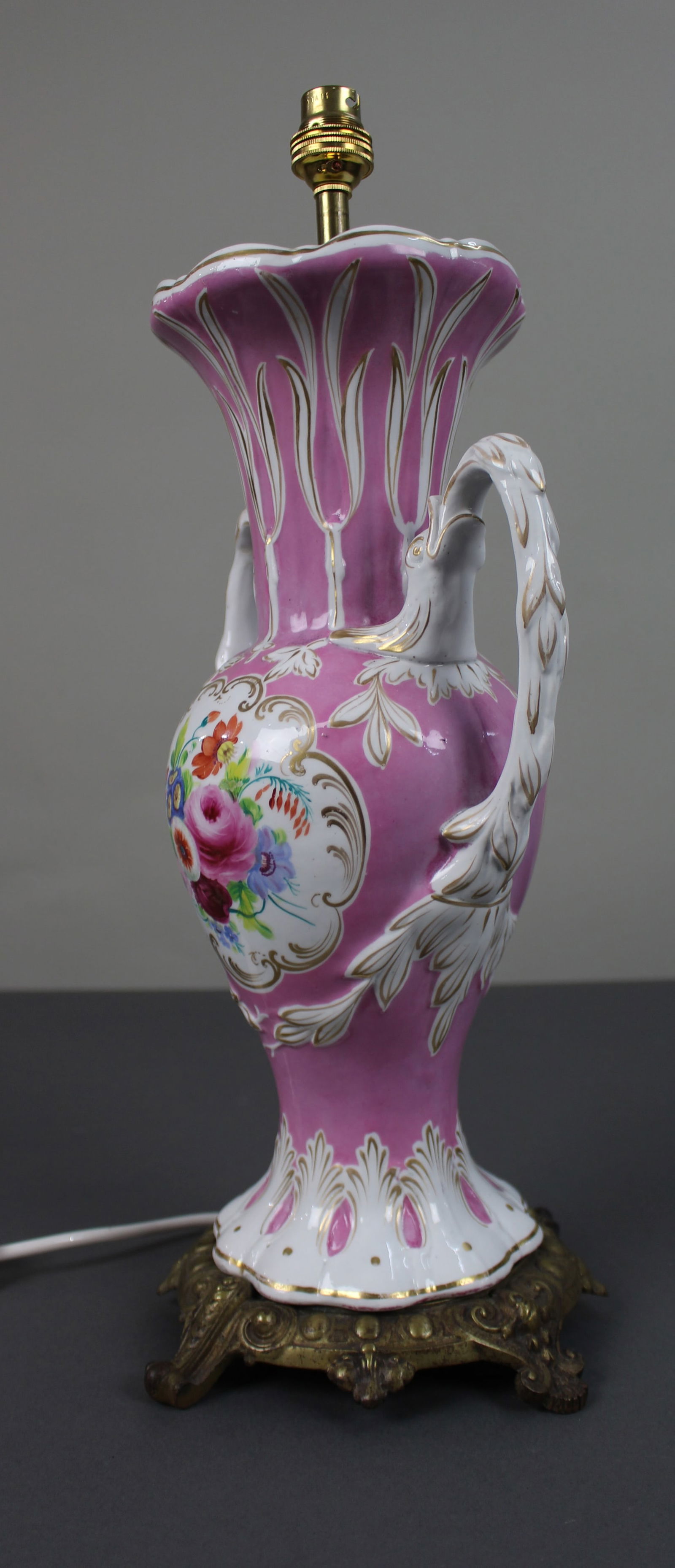 Antique Hand Painted Pink Ground Porcelain Table Lamp, c.1890 - 5