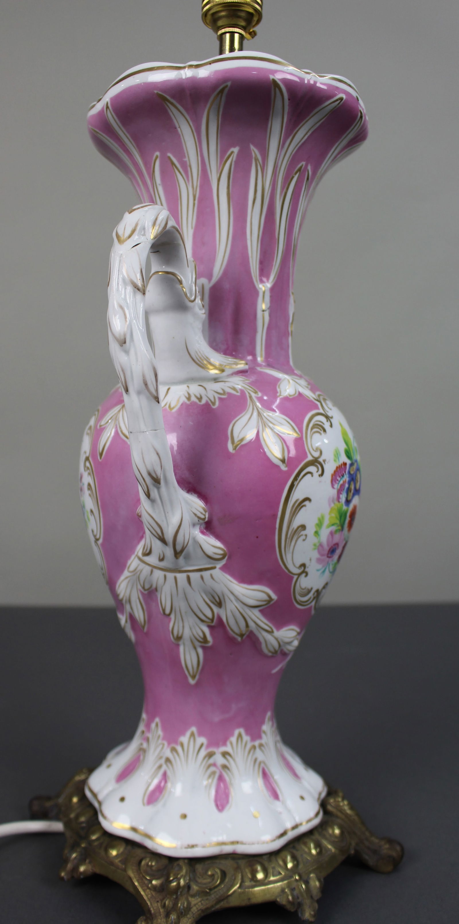 Antique Hand Painted Pink Ground Porcelain Table Lamp, c.1890 - 7