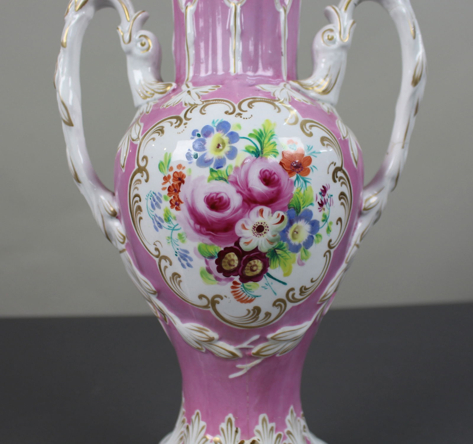 Antique Hand Painted Pink Ground Porcelain Table Lamp, c.1890 - 9