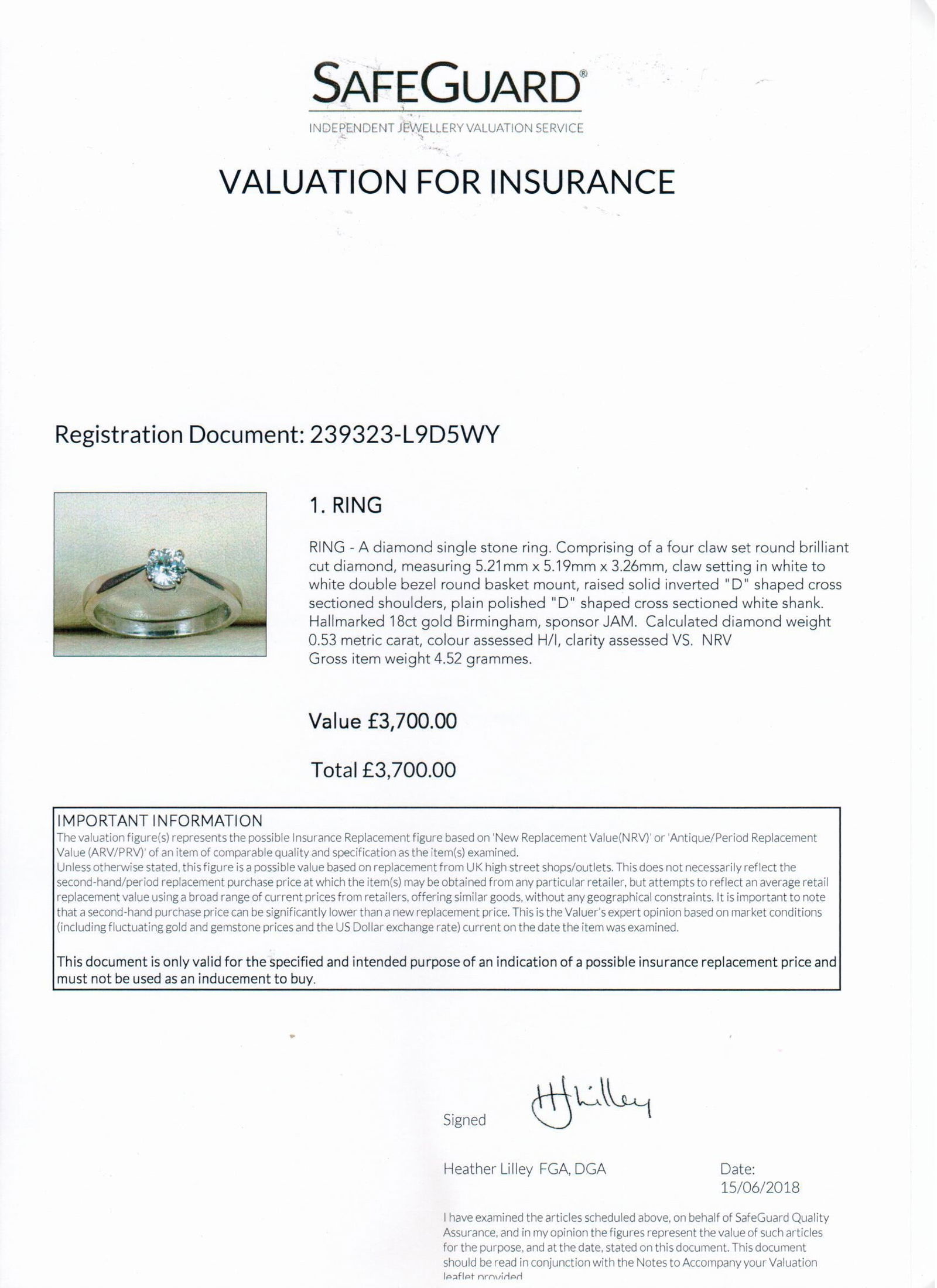 Round Brilliant Cut 0.53 Carat Diamond White Gold Ring - 9