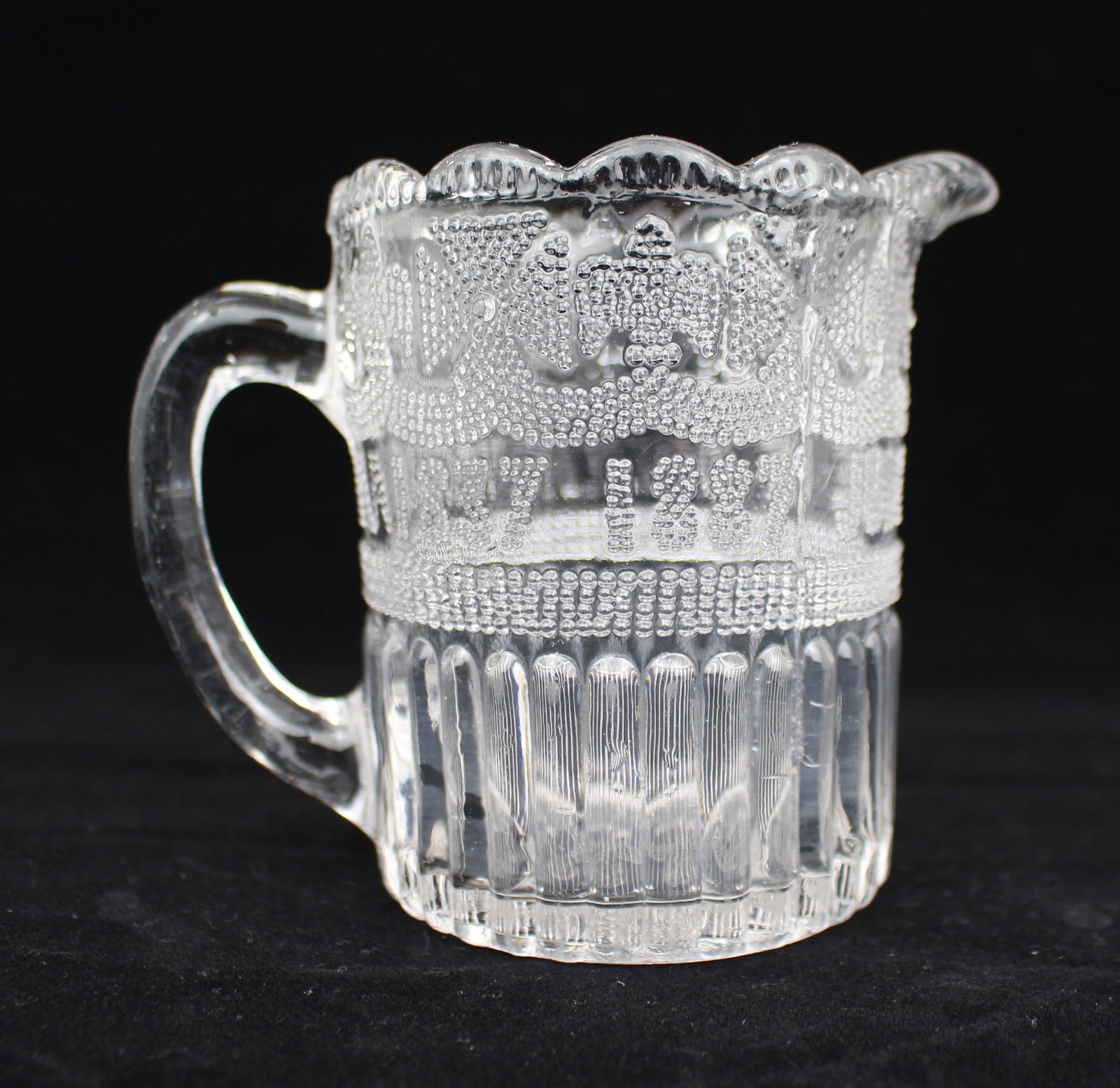 Victorian Pressed Glass Golden Jubilee Jug 1887: Title: Victorian Pressed Glass Golden Jubilee Jug 1887 Description: Victorian Pressed Glass Golden Jubilee Jug, 1887 This small pressed-glass jug was produced in 1887 to celebrate Queen