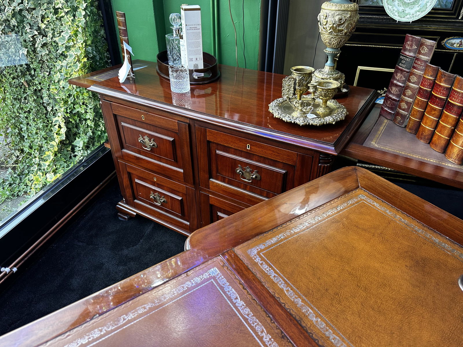 Italian Mahogany Filing Cabinet with Tooled Leather Slides - 5
