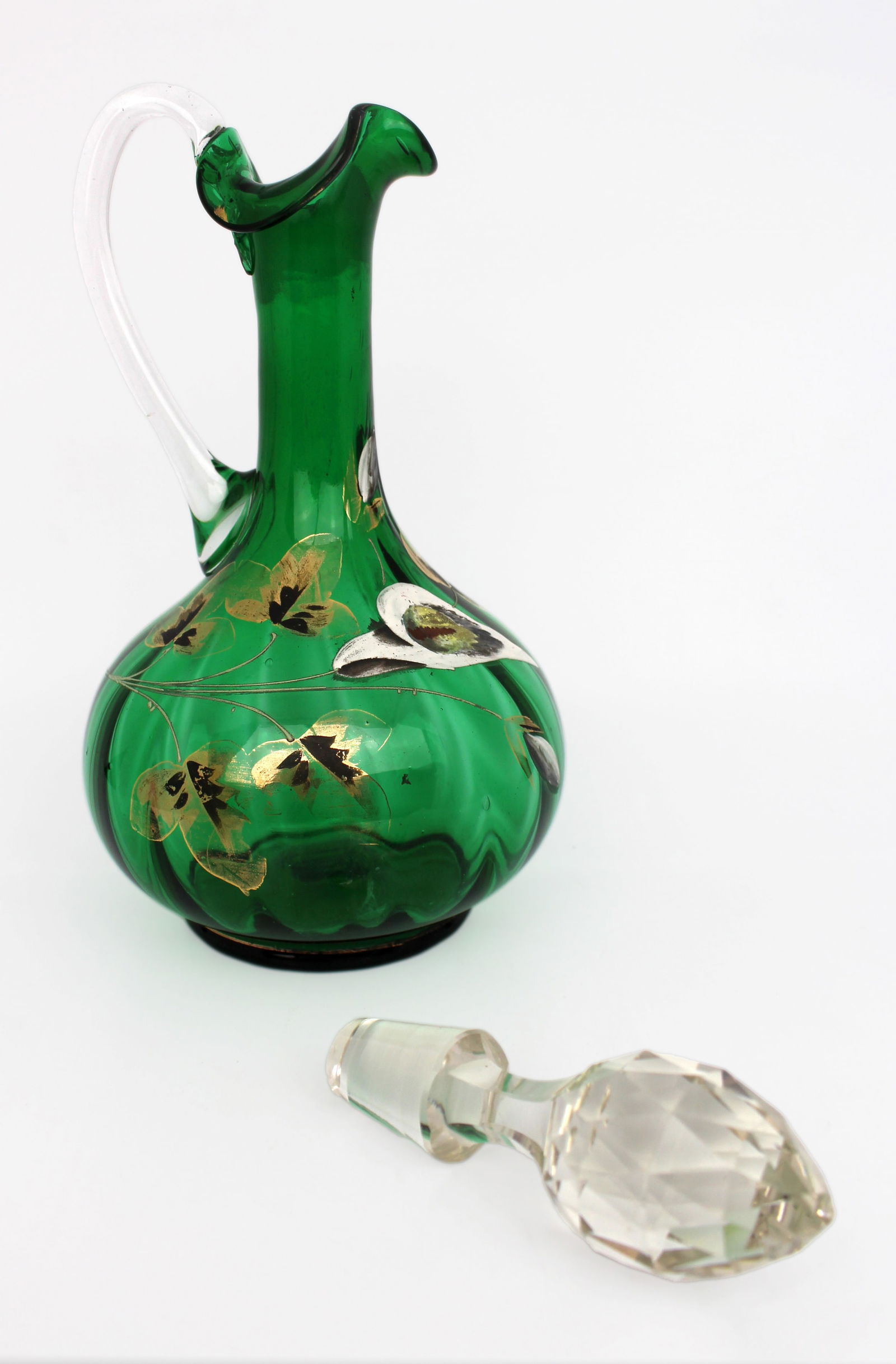 Antique Victorian Hand-Painted Emerald Green Glass Claret Jug - 5