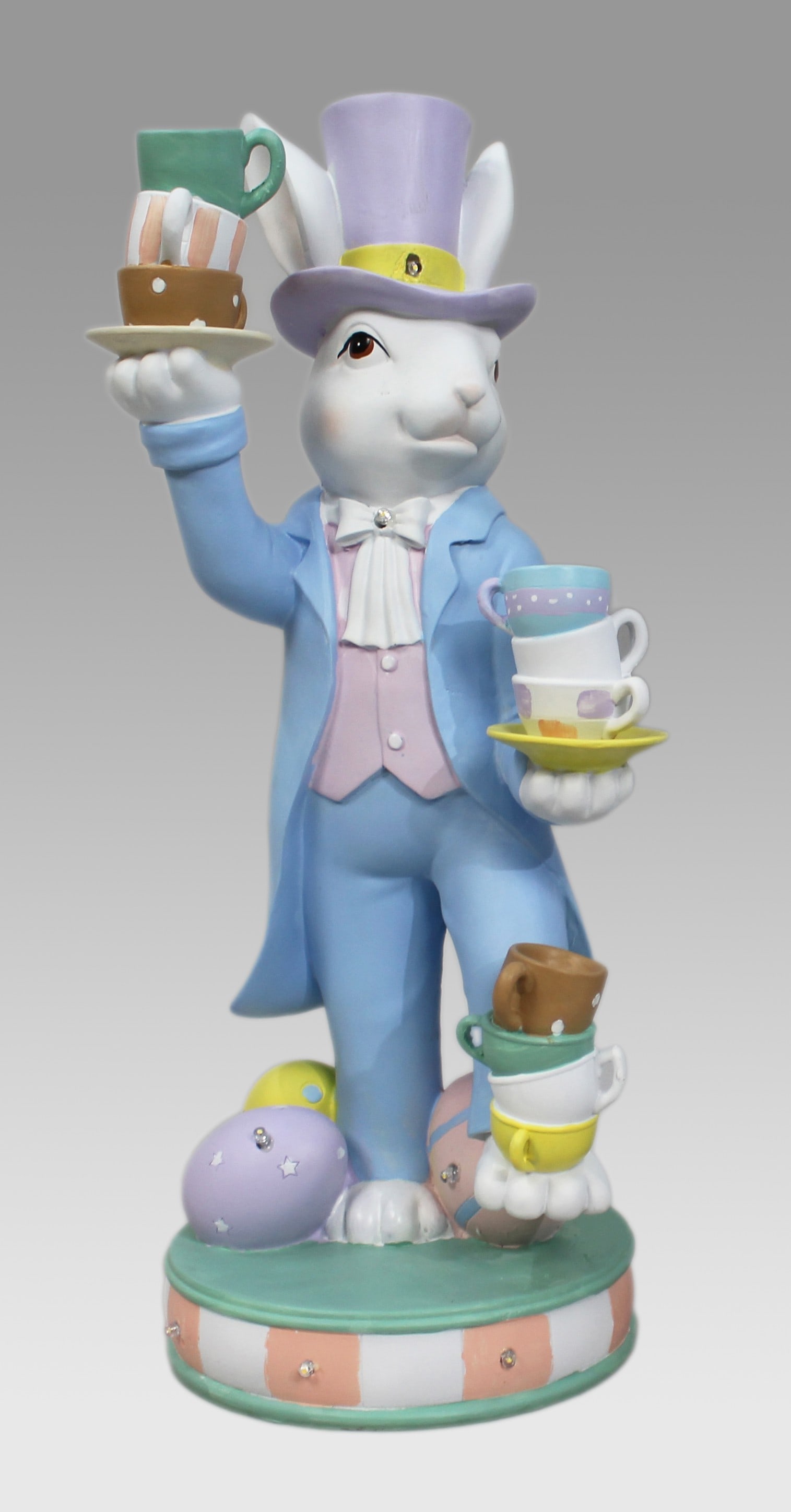 Decorative Easter Mad Hatter Ornament with LED Lights: Title: Decorative Easter Mad Hatter Ornament with LED Lights Description: Decorative Easter Mad Hatter Ornament with LED Lights Composite with a hand painted finish. Inset with warm white LED