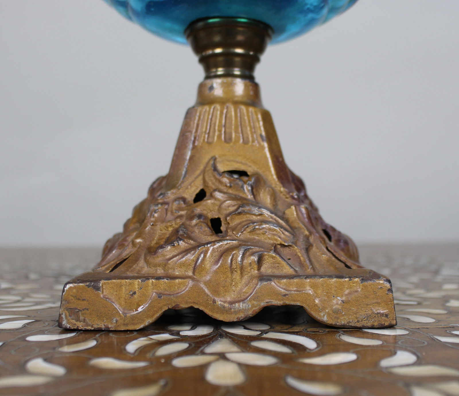 Antique Victorian Oil Lamp with Blue Glass Font - 3