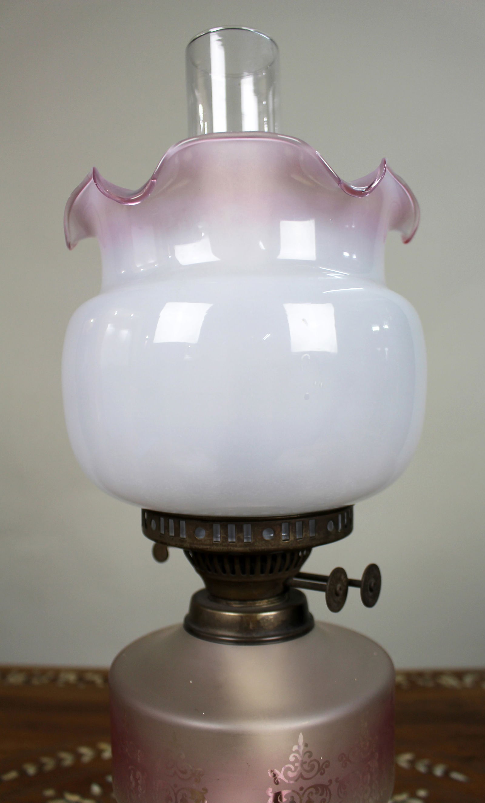 Antique Oil Lamp with Glass Font & Shade - 2
