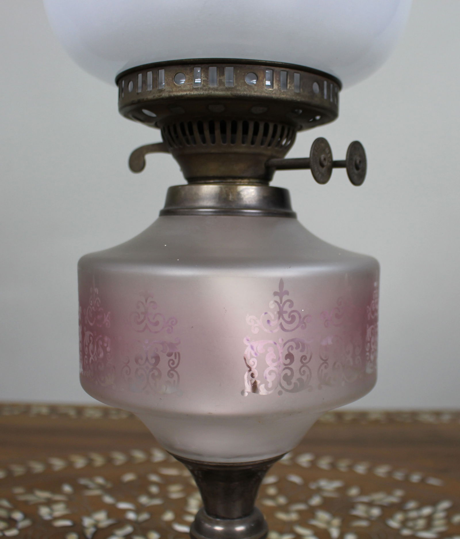 Antique Oil Lamp with Glass Font & Shade - 4