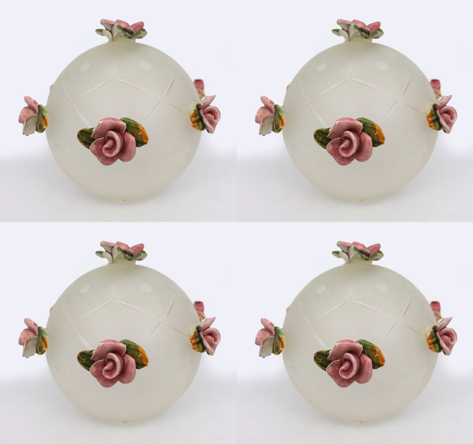 4 x Vintage Glass Lampshade with Porcelain Flowers: Title: 4 x Vintage Glass Lampshade with Porcelain Flowers Description: Vintage Glass Lampshade with Porcelain Flowers Vintage 20th century Measures 15 x 15 x 15 (height) cm