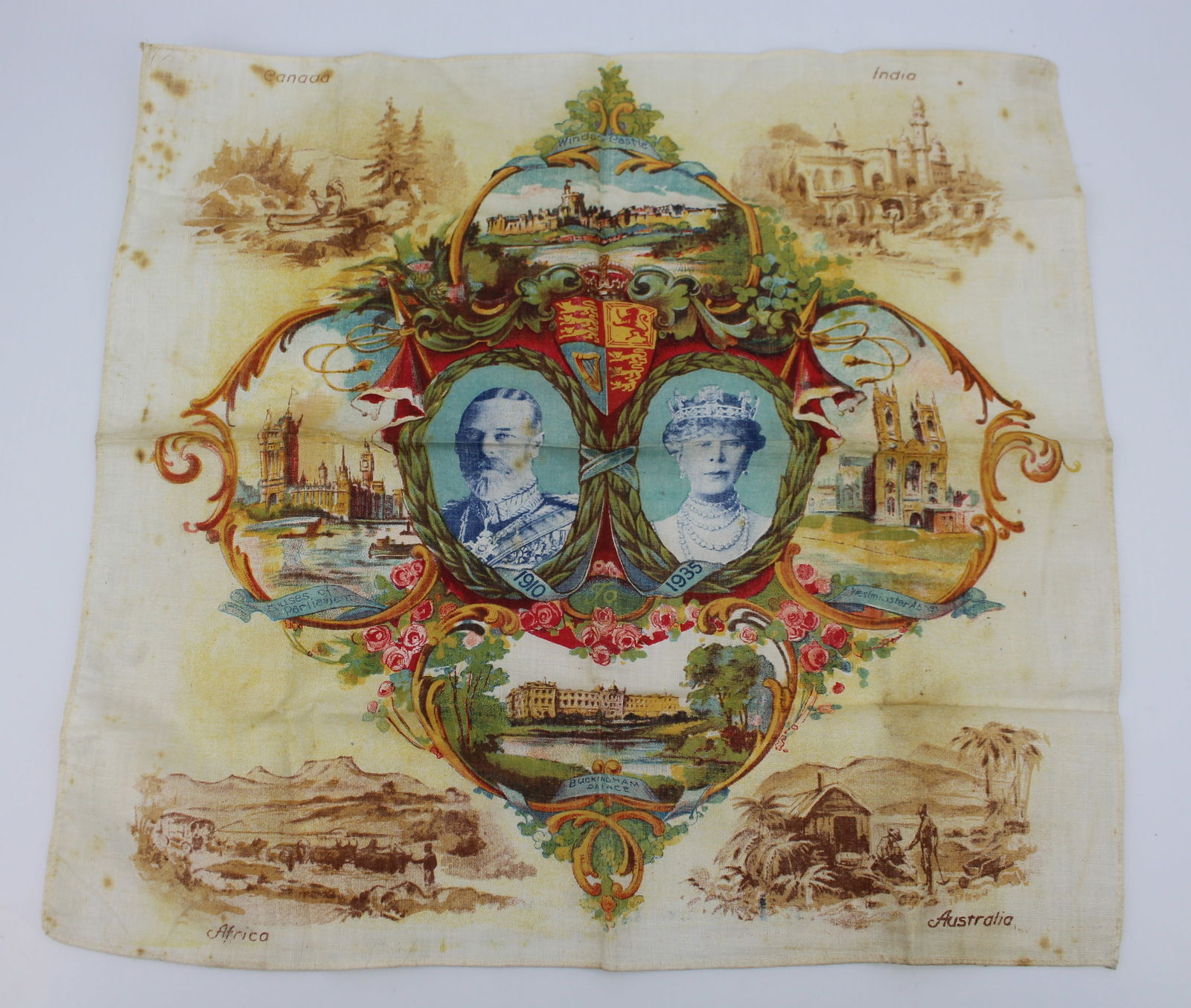 1935 King George V Silver Jubilee Handkerchief: Title: 1935 King George V Silver Jubilee Handkerchief Description: 1935 King George V Silver Jubilee Handkerchief George V 1910-1935 Silver Jubilee Measures 34 x 34 cm Some staining and